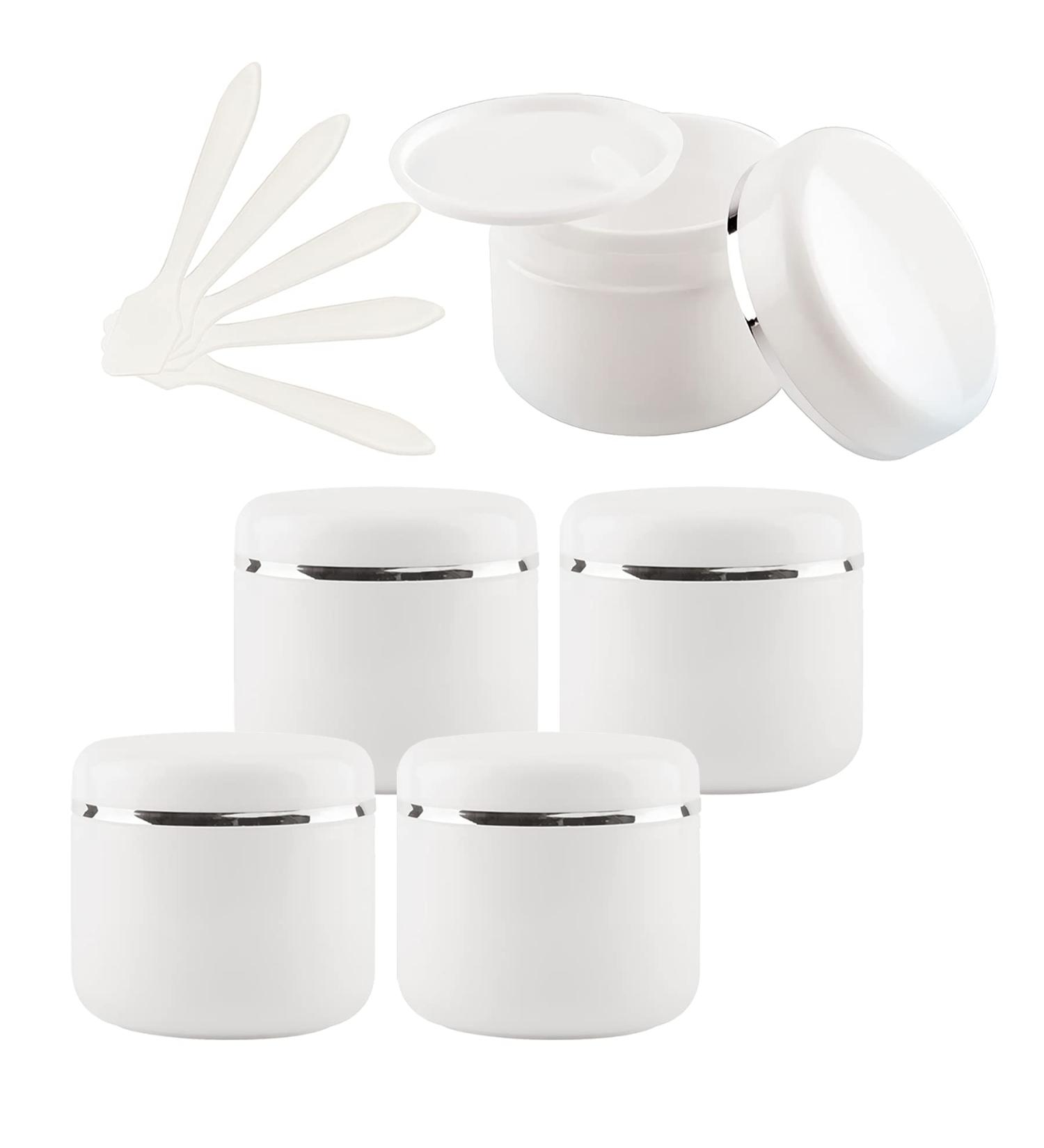 Tianzd 5-Piece 30ml Empty White Plastic Cream & Gel Containers with Silver Band Lid - Cosmetic Ointment Box & 5 Spoons for International Shipping - Buy Online on SooperMarket.com