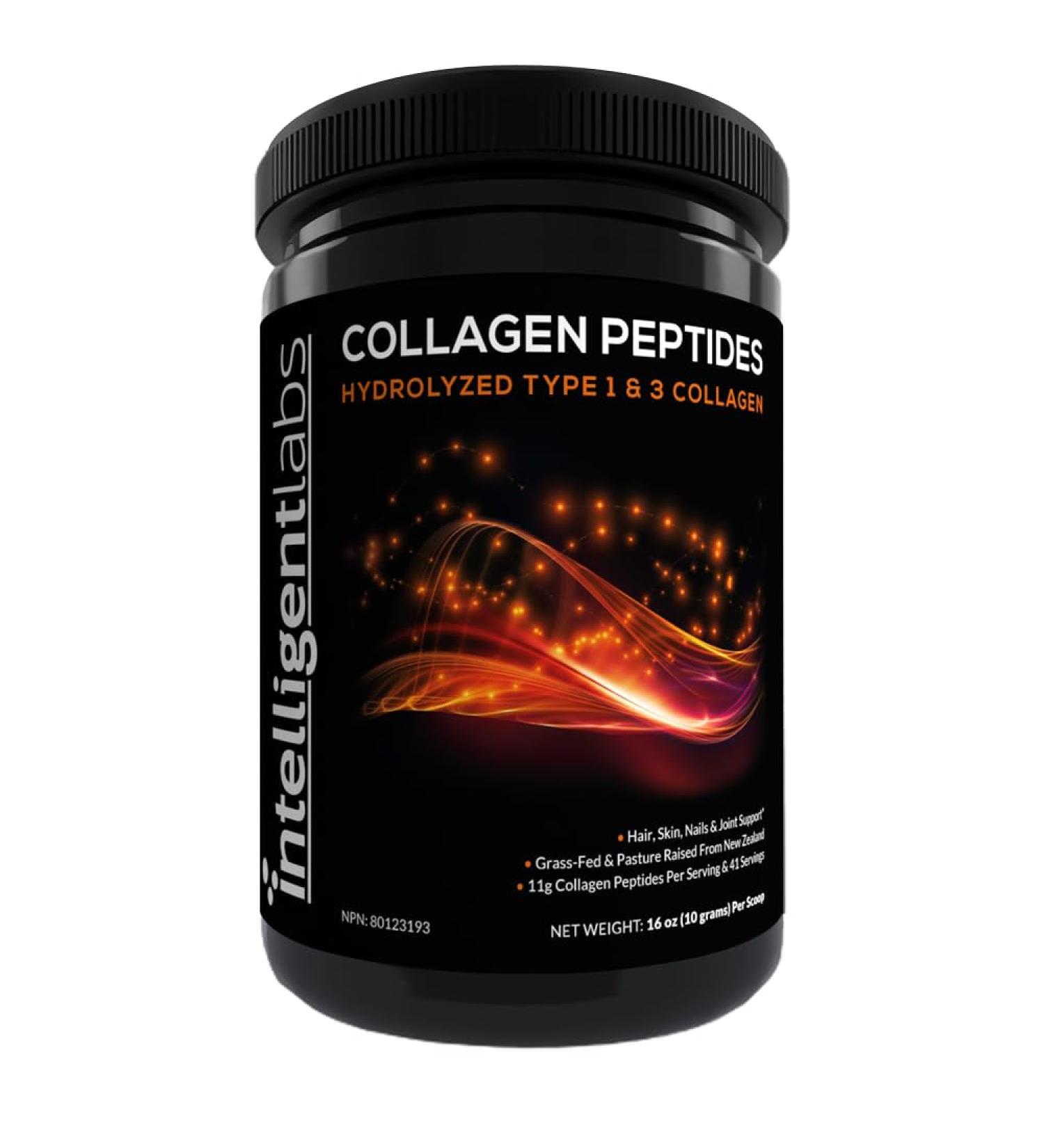 Intelligent Labs Hydrolyzed Type 1 and 3 Collagen Peptides Powder 100% Cruelty-Free and Grass-Fed Bovine Supports Healthy Hair Skin Nails & Joints 11g per Serving 41 Servings a Bottle - Buy Online on SooperMarket.com
