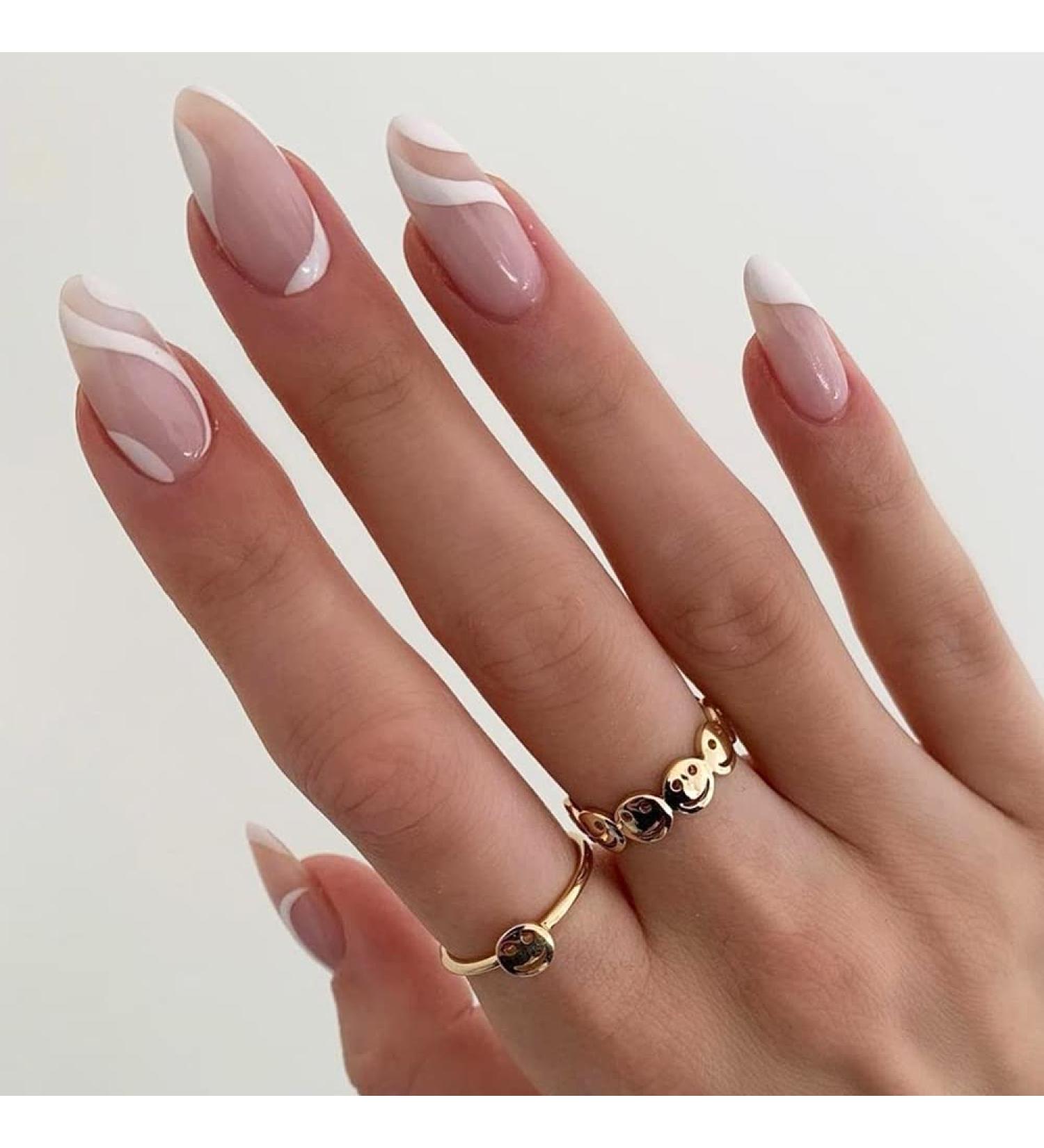 KXAMELIE Medium Length Nude White Swirls Almond Press on Nails - Salon Perfect Stick on Fake Nails for Women - Buy Online on SooperMarket.com