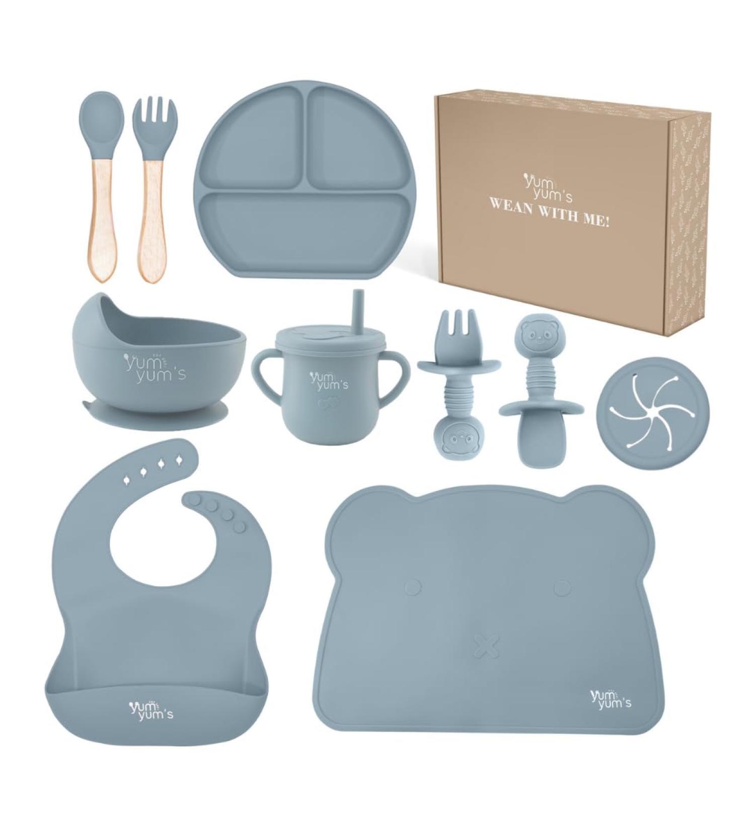 Yum Yum's Silicone Baby Weaning Set of 10 with Suction Bowl, Spoon, Fork & Cup - Blue | Baby Feeding Set for Easy Transition to Solids - Buy Online on SooperMarket.com
