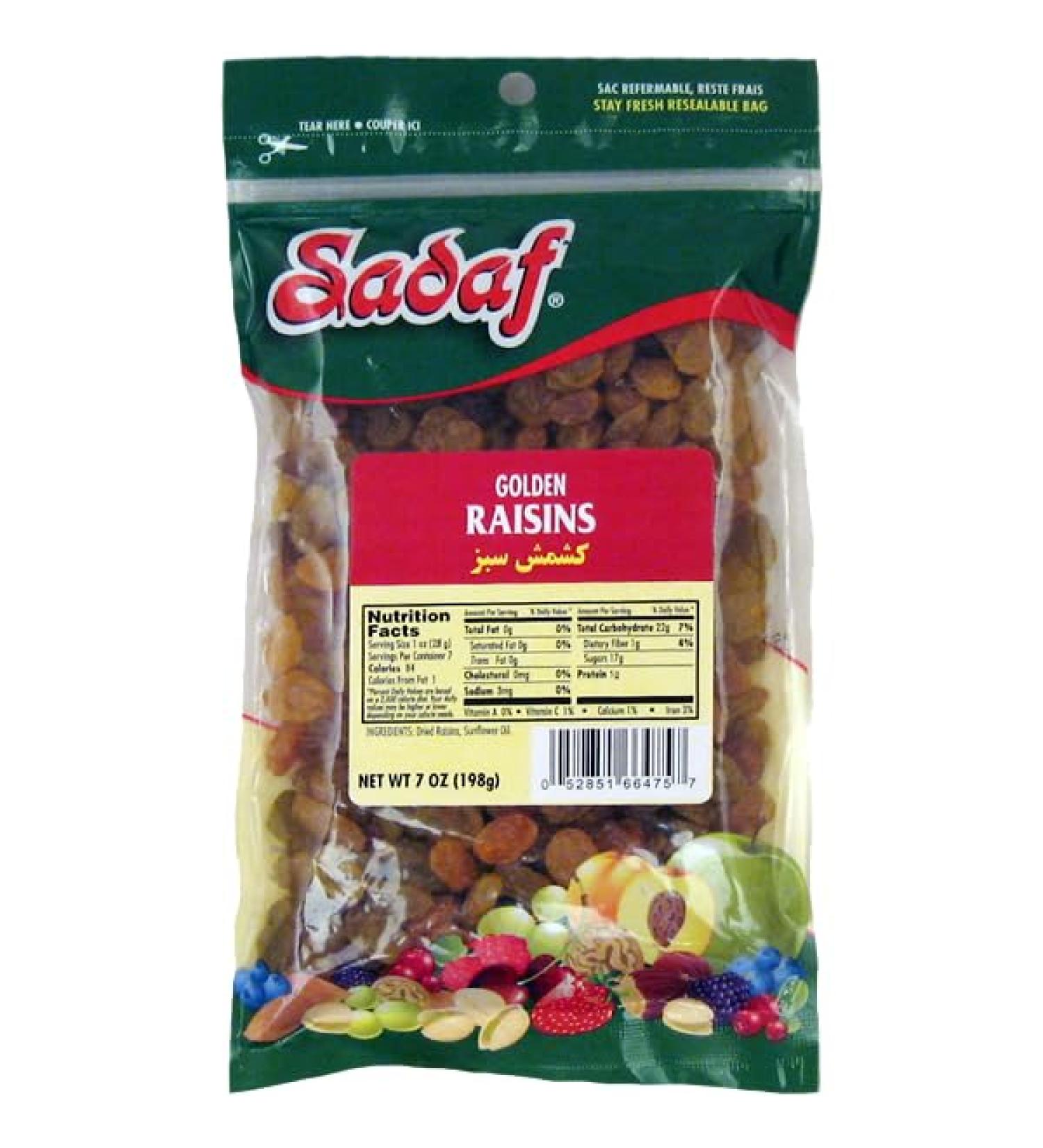 Sadaf Golden Raisins - Golden Sultanas for Cooking and Food Flavoring - Middle Eastern Cuisine - 7 Oz Resealable Bag