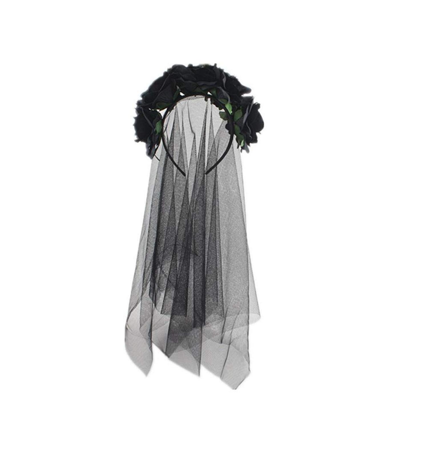 SUNTRADE Women Girls Zombie Bride Black Veil with Flowers Hairband for Halloween Cosplay Wedding Costume Headwear - Buy Online on SooperMarket.com
