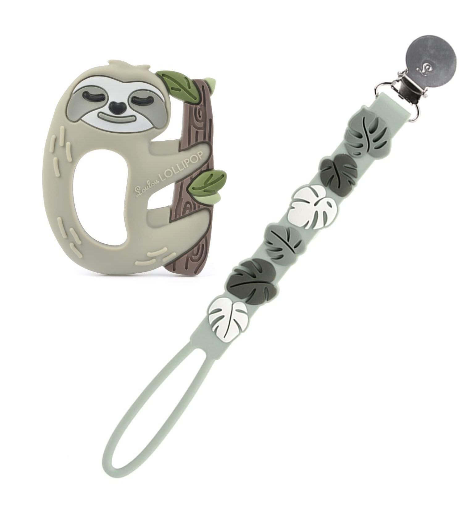 Loulou Lollipop Silicone Teether and Holder Clip Bundle Set - Sloth/Monstera - Buy Online on SooperMarket.com