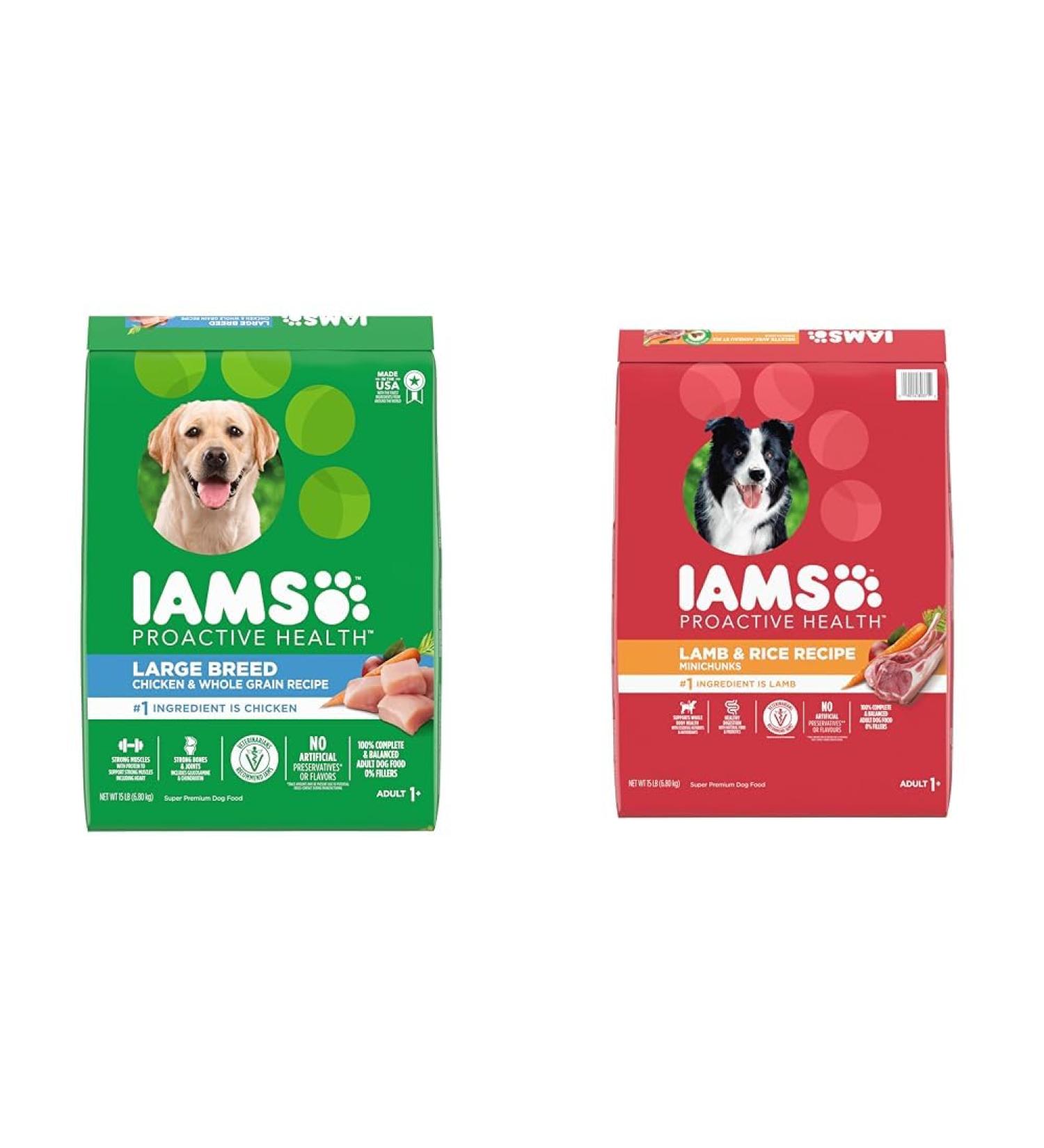 IAMS Proactive Health Dog Food Dry Adult Large Breed Chicken & Whole Grains Recipe 6.80kg (15LB) Bag & Proactive Health Minichunks Dog Food Dry Adult Lamb & Rice 6.5kg Bag - Buy Online on SooperMarket.com
