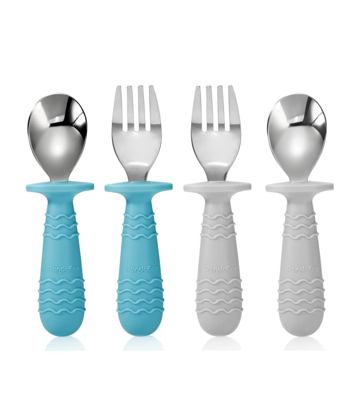 PandaEar 4 Set Baby Toddler Silicone Stainless Steel Utensils Silverware Spoon Fork - BPA Free, Anti-Choke Design (Blue&Grey) - Buy Online on SooperMarket.com