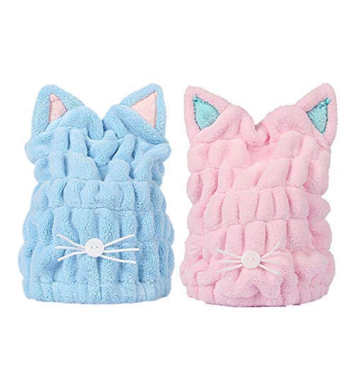 OrangeTag 2Pcs Ultra Absorbent Microfiber Hair Towel Wrap with Cute Kitty Ears for Women & Girls | Quick Drying Bath Tool Hat - Buy Online on SooperMarket.com