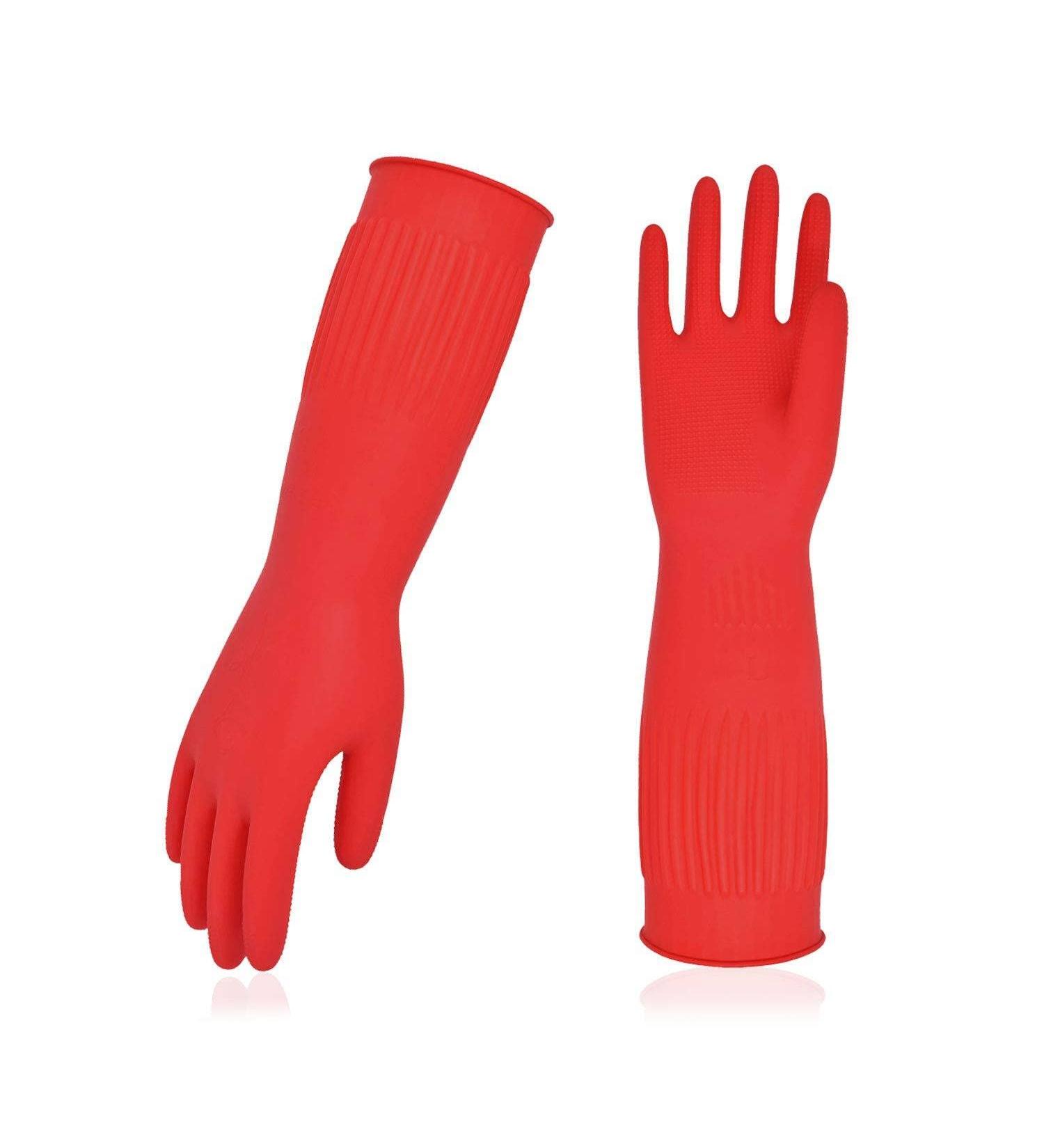 Vgo Reusable Household Gloves | Long Sleeve Latex Cleaning Gloves | Size M Red RB2143 | 1 Pair - Buy Online on SooperMarket.com
