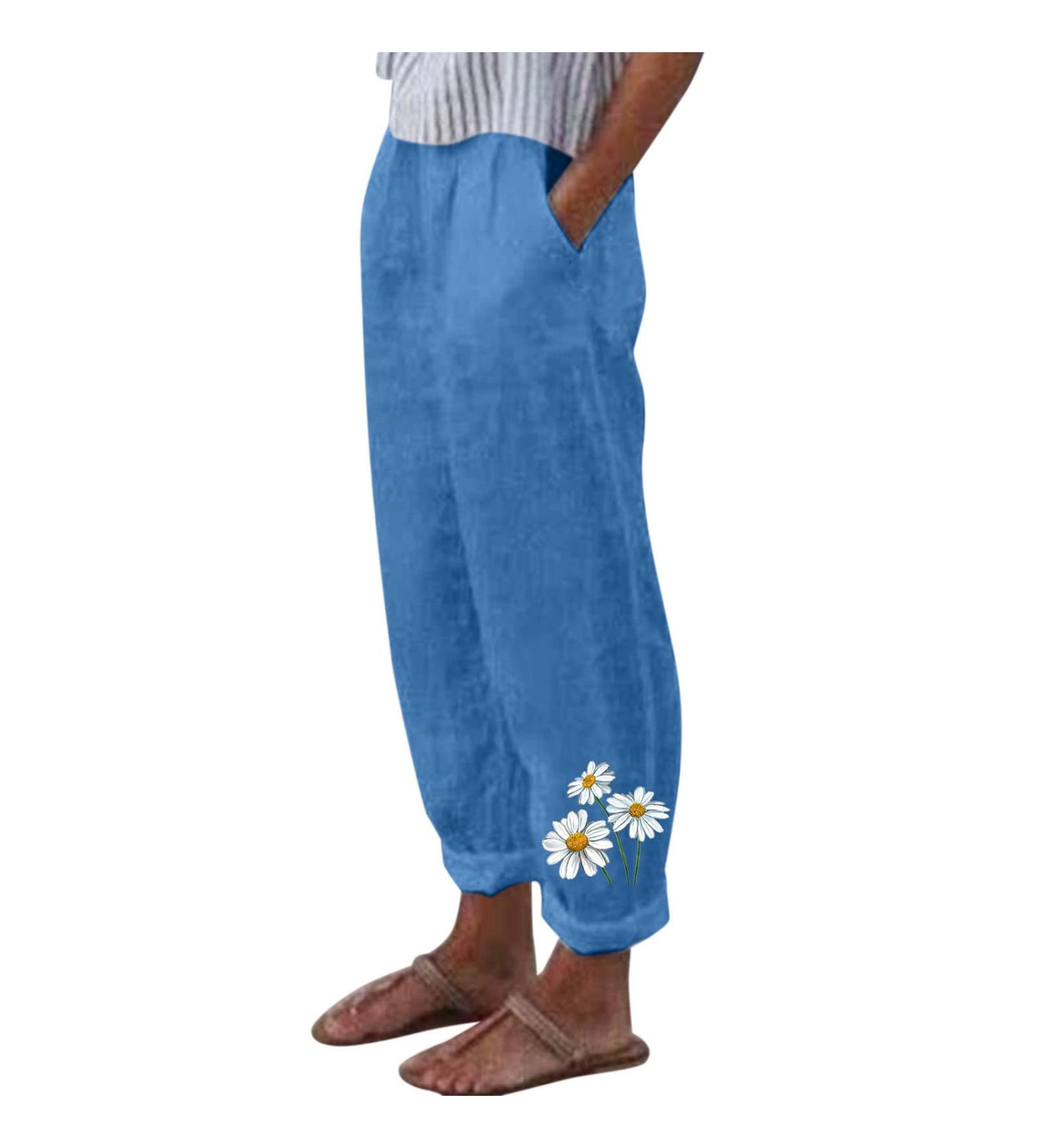 Gufesf Women's Cotton Linen Palazzo Pants - Z2 Blue, Large | Wide Leg Trousers with Pockets | Dressy Casual Summer Crop Pants - Buy Online on SooperMarket.com