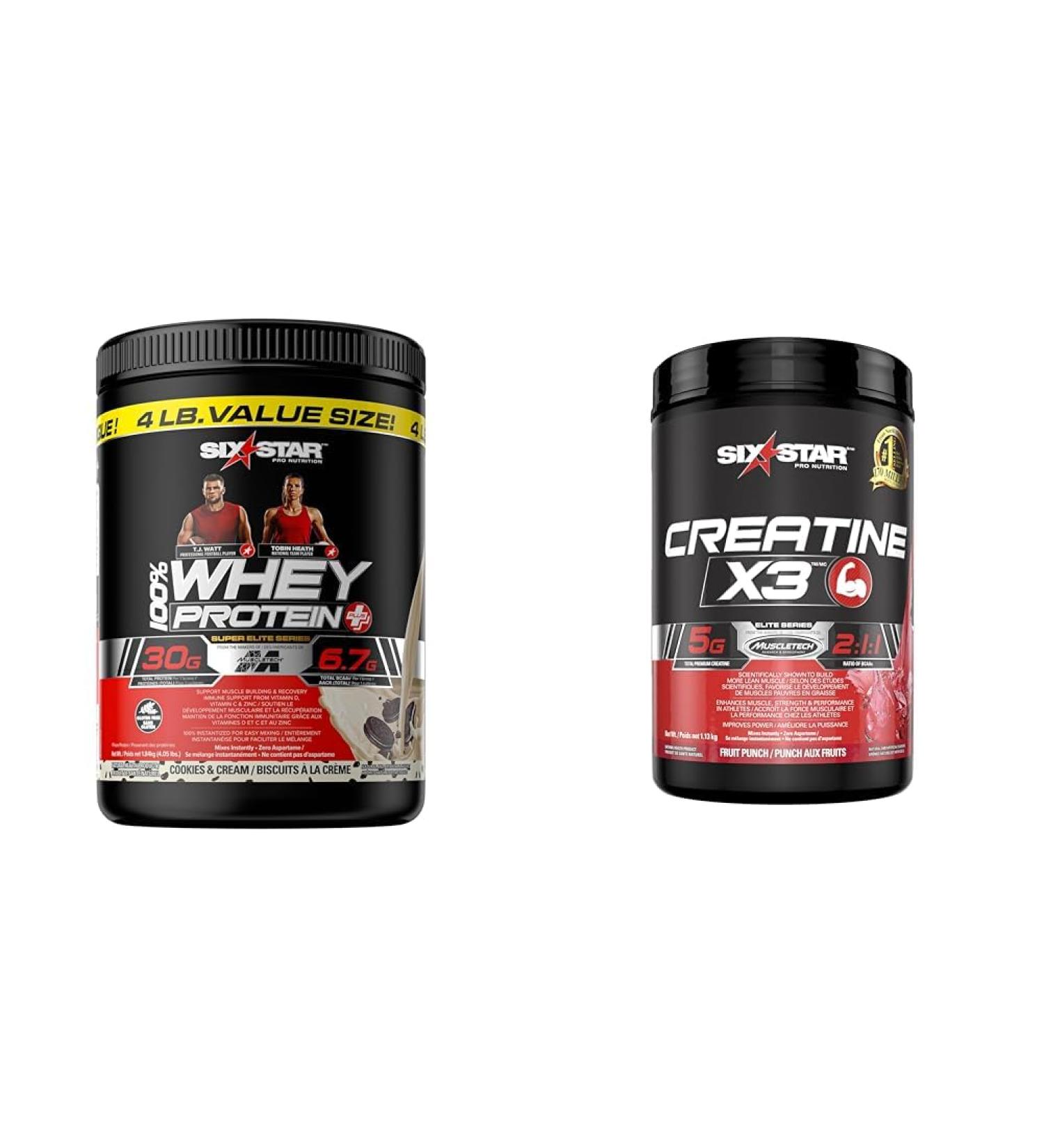 Whey Protein Powder + Creatine Monohydrate | Six Star 100% Whey Protein Plus (Cookies and Cream 4 lbs) and Creatine X3 Powder (Fruit Punch 35 Servings) Cookies & Cream 1.8 kg (Pack of 1) + Powder - Buy Online on SooperMarket.com