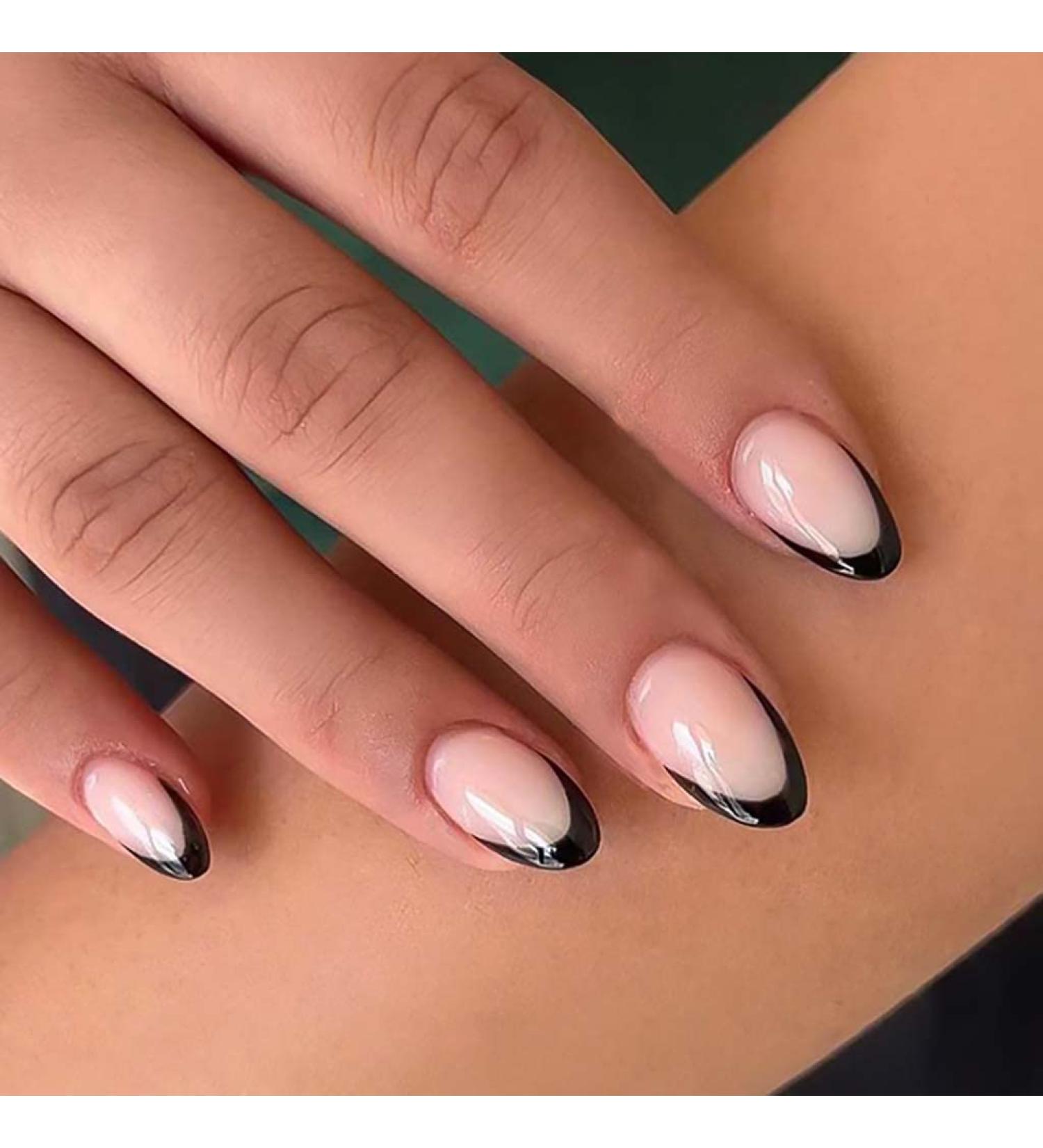 RikView Black French Press on Nails 24 PCs/Set | Medium Almond Glossy Fake Nails for Women - Buy Online on SooperMarket.com