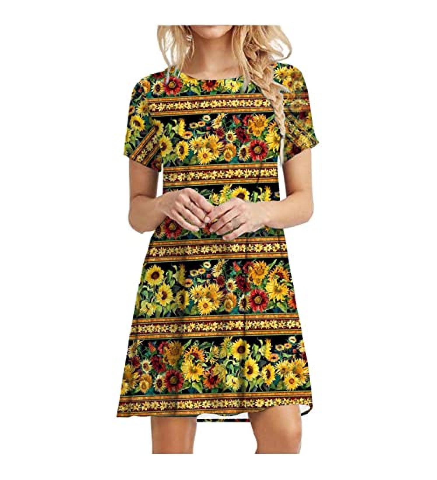 2022 Women's Casual Crewneck Tshirt Dress - Yellow Large, Tropical Print Boho Beach Sundress - Buy Online on SooperMarket.com