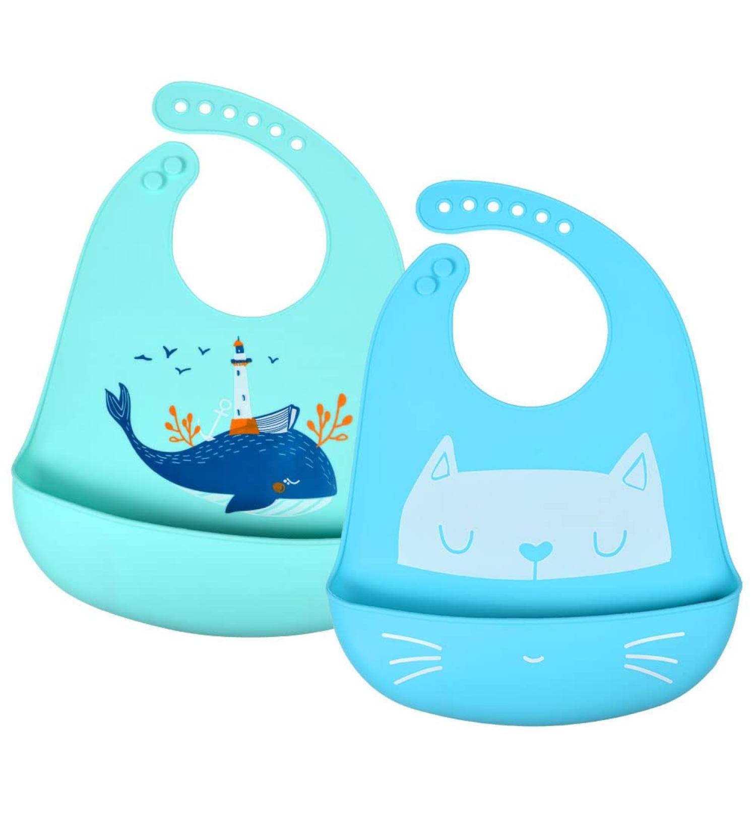 Vicloon Silicone Baby Bib 2PCS - Adjustable Waterproof Feeding Bibs with Food Catcher Pocket - Soft & Easy to Clean for Infant Toddler - Cat & Whale Blue - Buy Online on SooperMarket.com