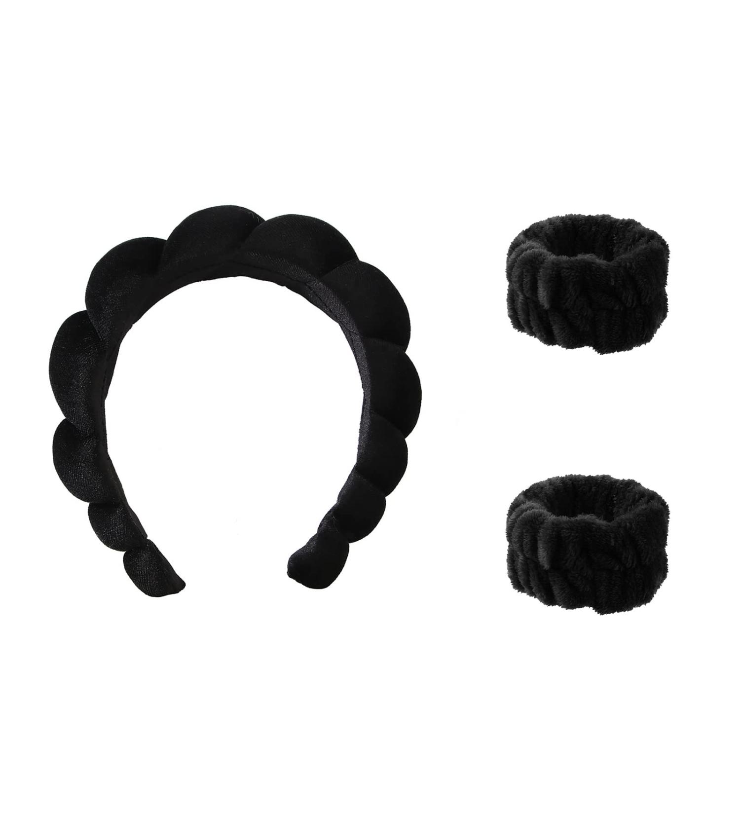 Spa Headband Wrist Washband Wash Set Puffy Headband Bubble Headband for Women Girls Makeup Headband and Wristband for Skincare makeup headband for Washing Face Shower Black - Buy Online on SooperMarket.com