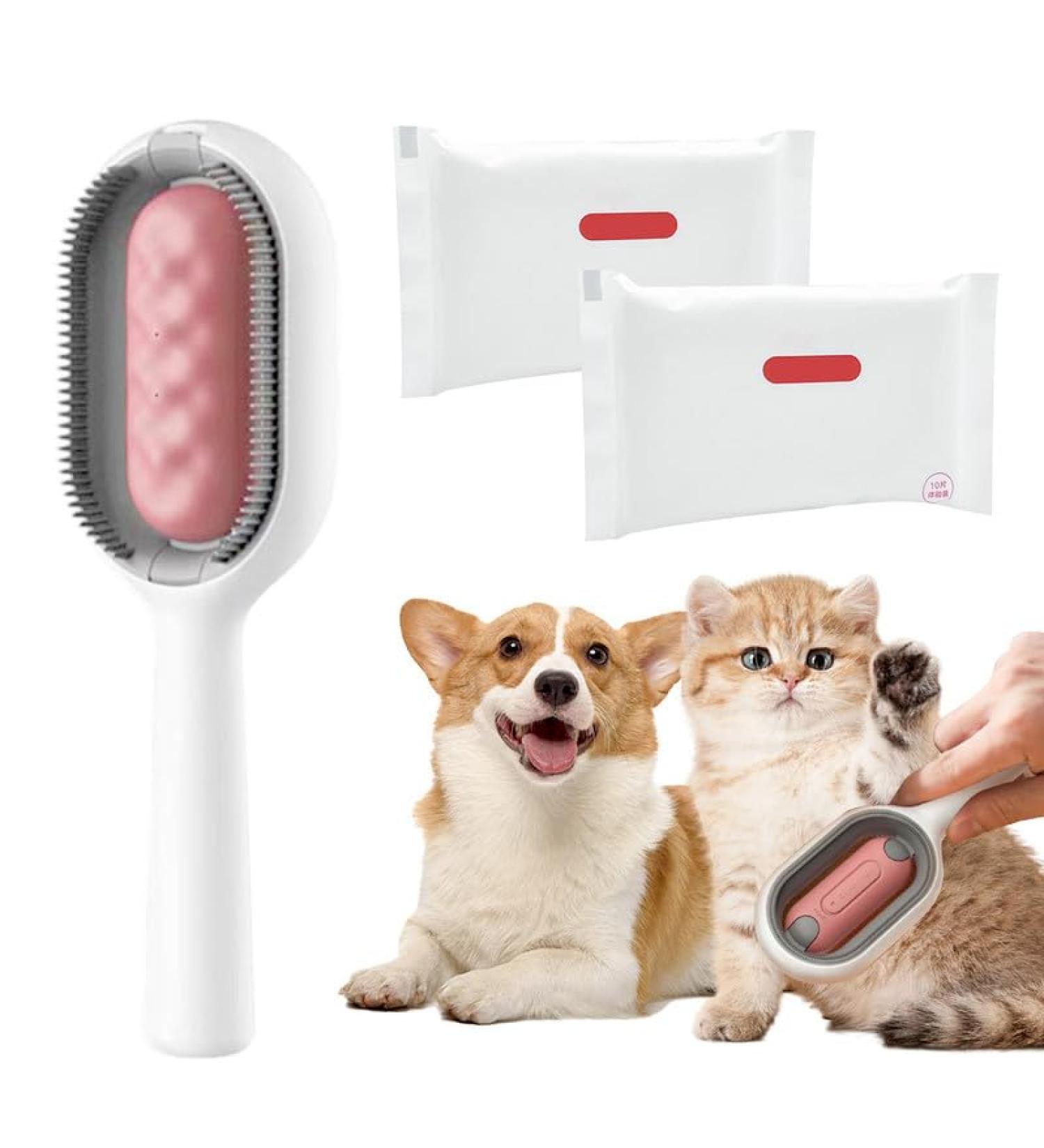 Animal Hair Removal Brush with Water Tank - Pet Hair Remover for Dogs & Cats - Includes 2 Dry Towels - Long-Haired Pink Cleaning Tool - Buy Online on SooperMarket.com