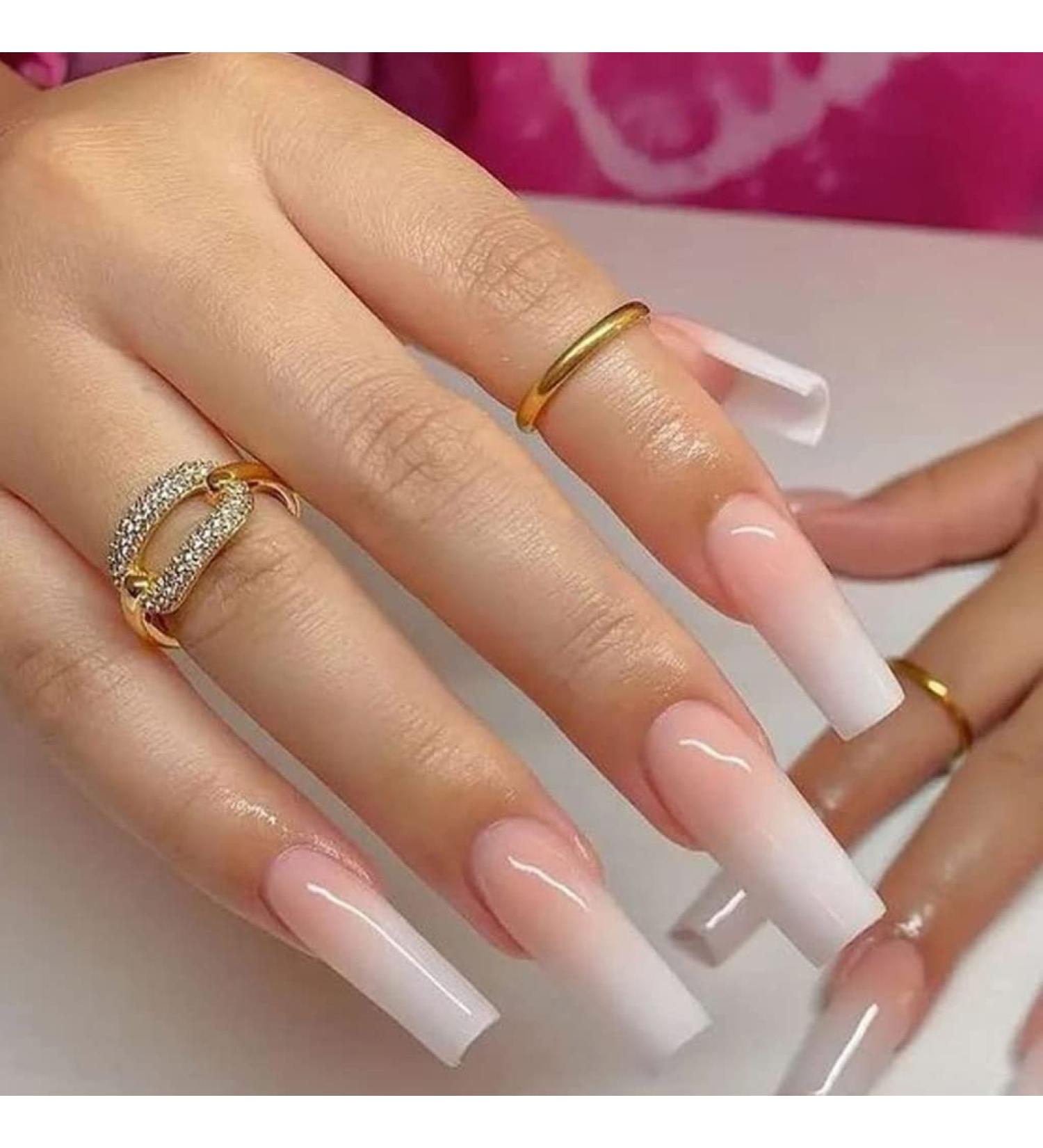 RikView Gradient French Acrylic Press on Nails - Nude Coffin Pink Glossy Square Fake Nails - Buy Online on SooperMarket.com