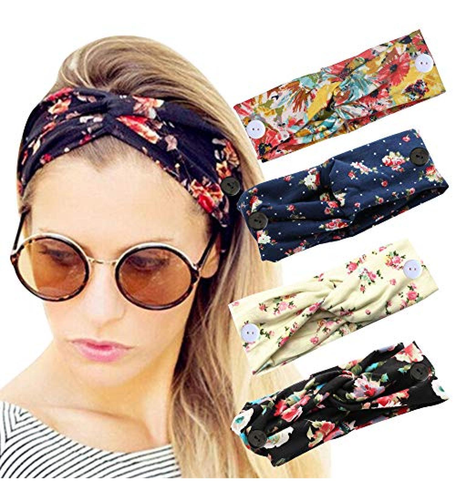 Sarfel Boho Headbands for Women - 4 Pack Floral Head Wraps with Buttons for Mask Nurses - Buy Online on SooperMarket.com