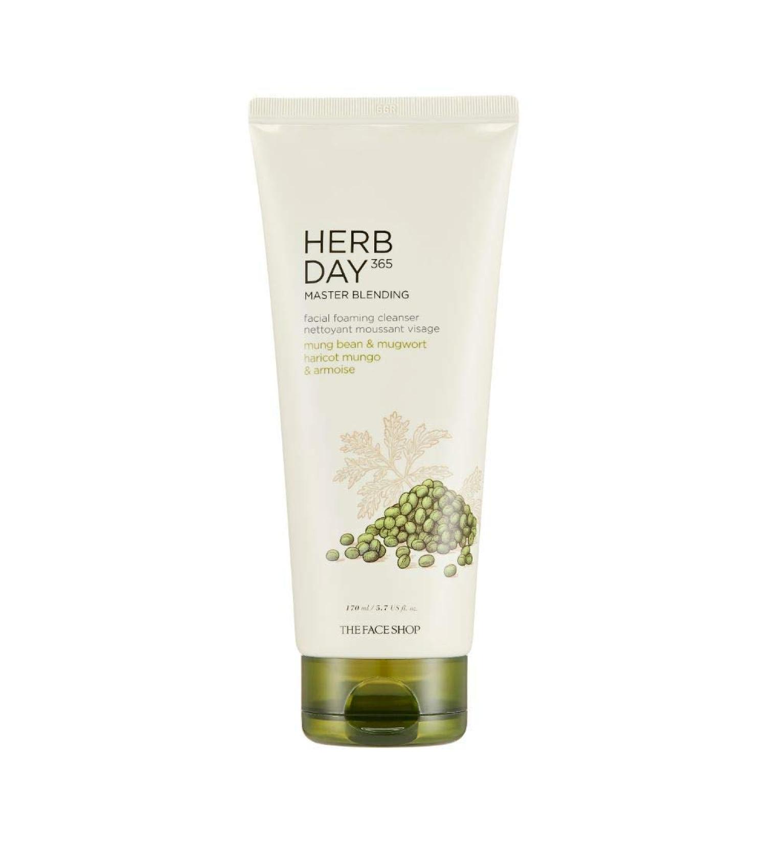 The Face Shop Herb Day 365 Master Blending Cleansing Foam Mung Bean & Mugwart | Protein & Essential Minerals Enriched for Skin Smooth & Clean | Skin Residues Removal & Naturally Derived  5.7 Fl Oz