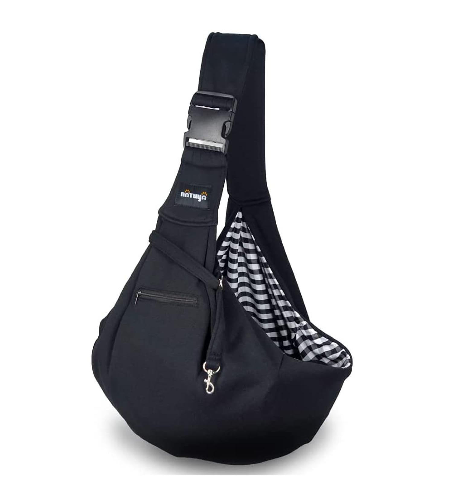 Natuya Small Dog & Cat Sling Carrier Bag - Adjustable Strap, Hands-Free Design with Safety Belt & Front Zipper Pocket - Perfect for Outdoor Travel - Black Cotton Style - Buy Online on SooperMarket.com