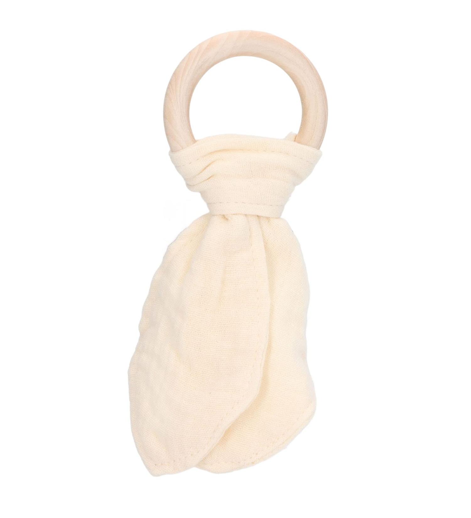 Alomejor Baby Wooden Teething Ring - Soothing Cotton Gauze Handle Ears Design Beige - Safe & Natural Infant Relief - Buy Online on SooperMarket.com