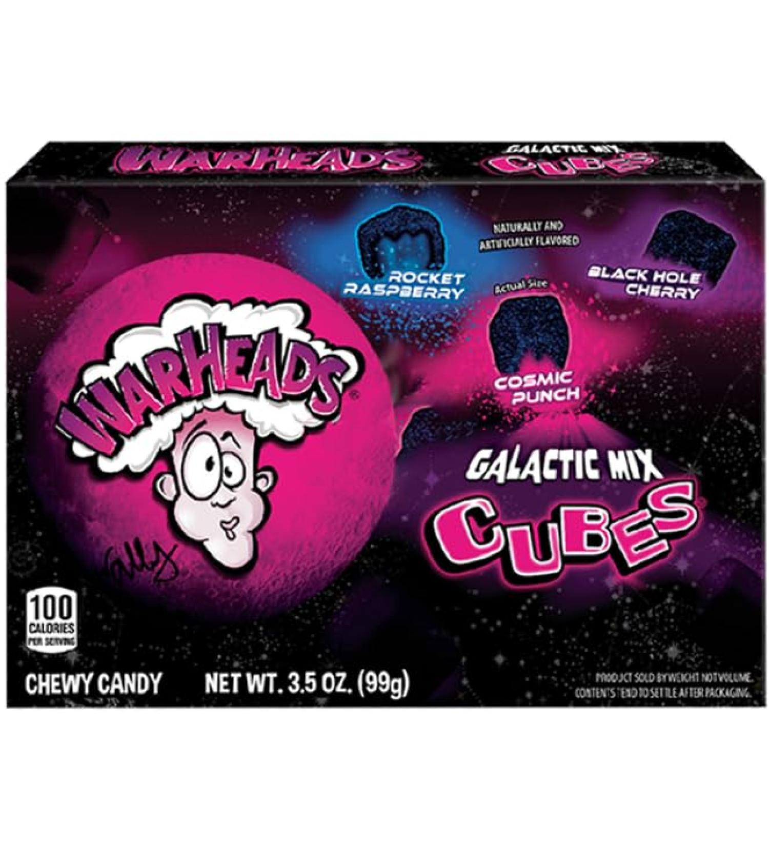 Warheads Galactic Mix Cubes Theatre Box (99g) | Rocket Raspberry Black Hole Cherry & Cosmic Punch | Tongue-Painting Galactic Blue | American Fruity Sour Candy Treat