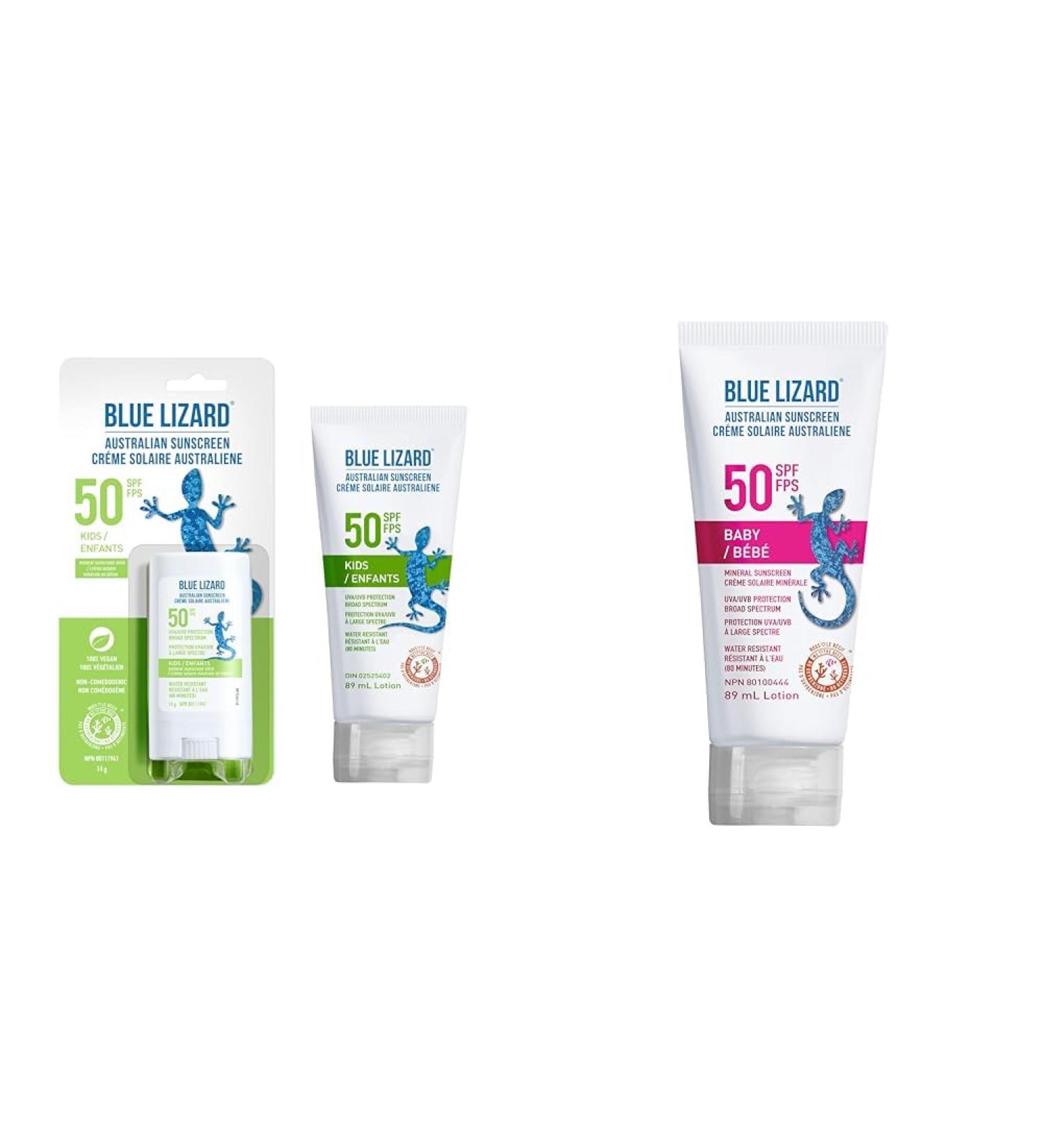 BLUE LIZARD SPF 50 Kids Duo Mineral-Based Sunscreen for Toddlers and Children Non-Greasy Sunscreen & Baby Broad Spectrum Mineral Sunscreen Lotion SPF 50+ Water Resistant Sunscreen + Sunscreen Lotion SPF 50+ 89 ml - Buy Online on SooperMarket.com
