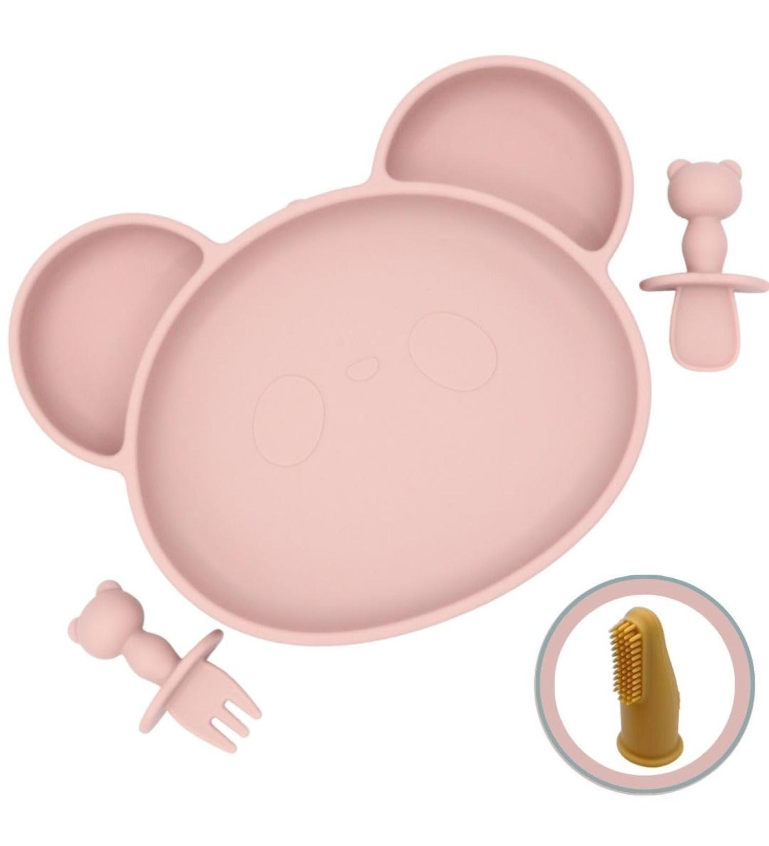 Suction Plate Baby Cutlery Set Chomp - Includes Baby Toothbrush, Weaning Set, Spoon, Fork, Suction Bowls - Rose Pink | Dishwasher Safe - Buy Online on SooperMarket.com
