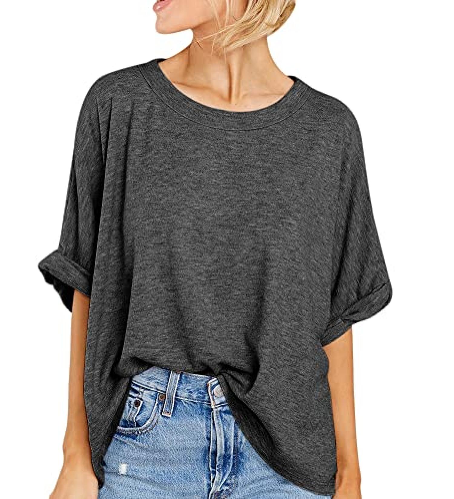 Dark Grey Oversized Women's Summer Tee - Casual Loose Fit Short Sleeve T-Shirt - Buy Online on SooperMarket.com