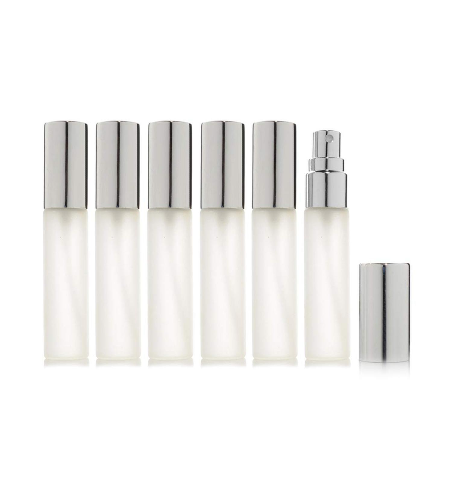 Enslz 6 x 10ml Refillable Frosted Glass Spray Bottles with 2 x 3ml Pipettes - Silver | Perfect for Perfume & Travel - Buy Online on SooperMarket.com