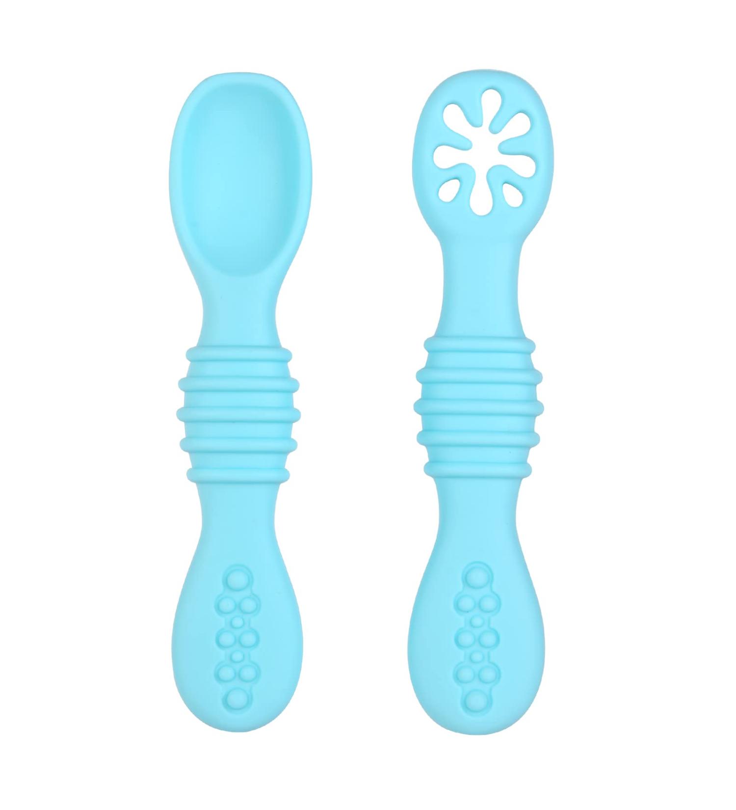 Vicloon Baby Fork and Spoon Set - 2Pcs Silicone Self Feeding Utensil for Infant/Toddler - Easy Grip Toddler Cutlery Kit in Blue - Buy Online on SooperMarket.com