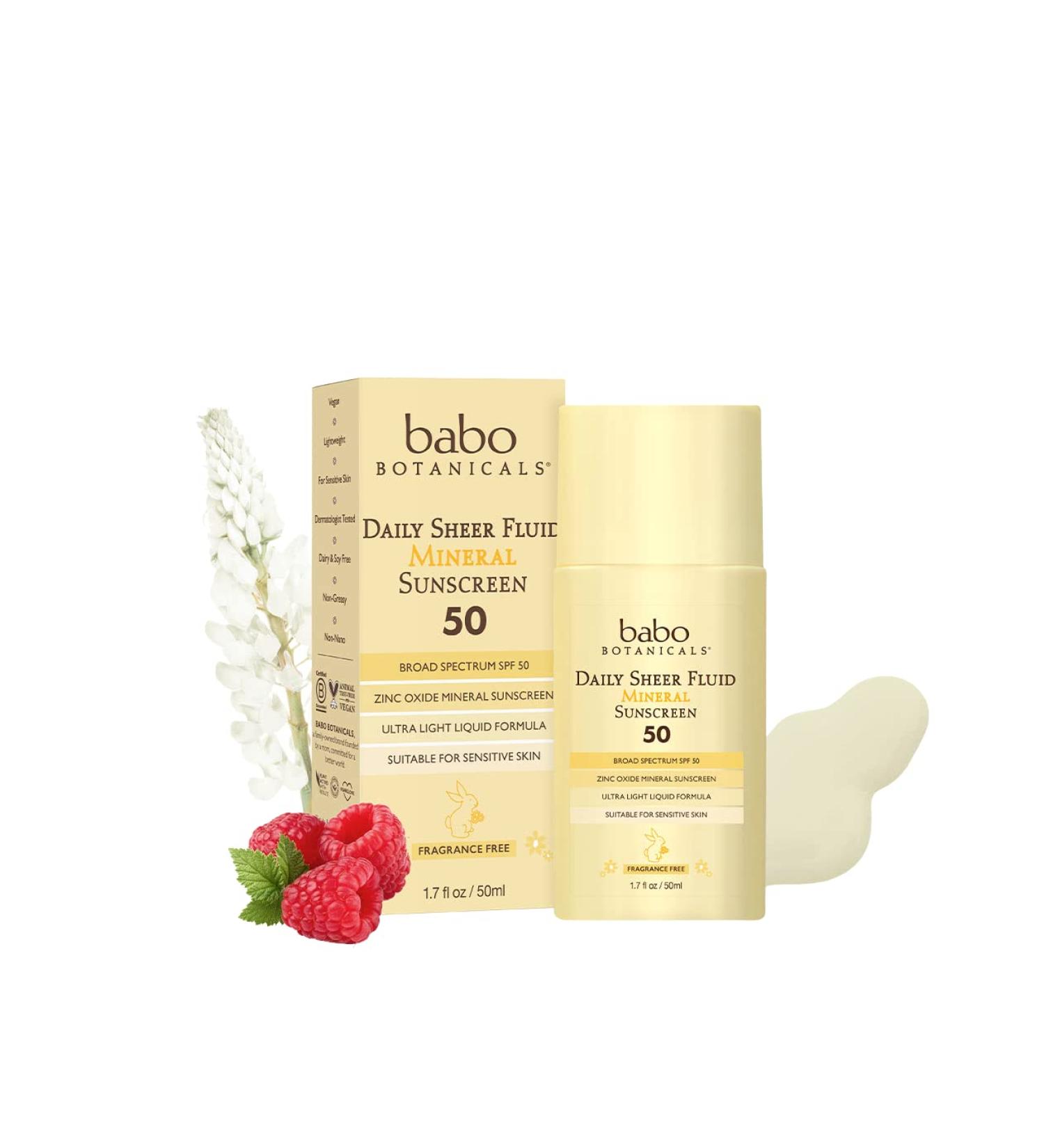 Babo Botanicals Daily Sheer Fluid Mineral Sunscreen Lotion SPF 50 - 1.7 fl. oz. | Non-Nano Zinc Oxide | Yellow Non-Tinted - Buy Online on SooperMarket.com