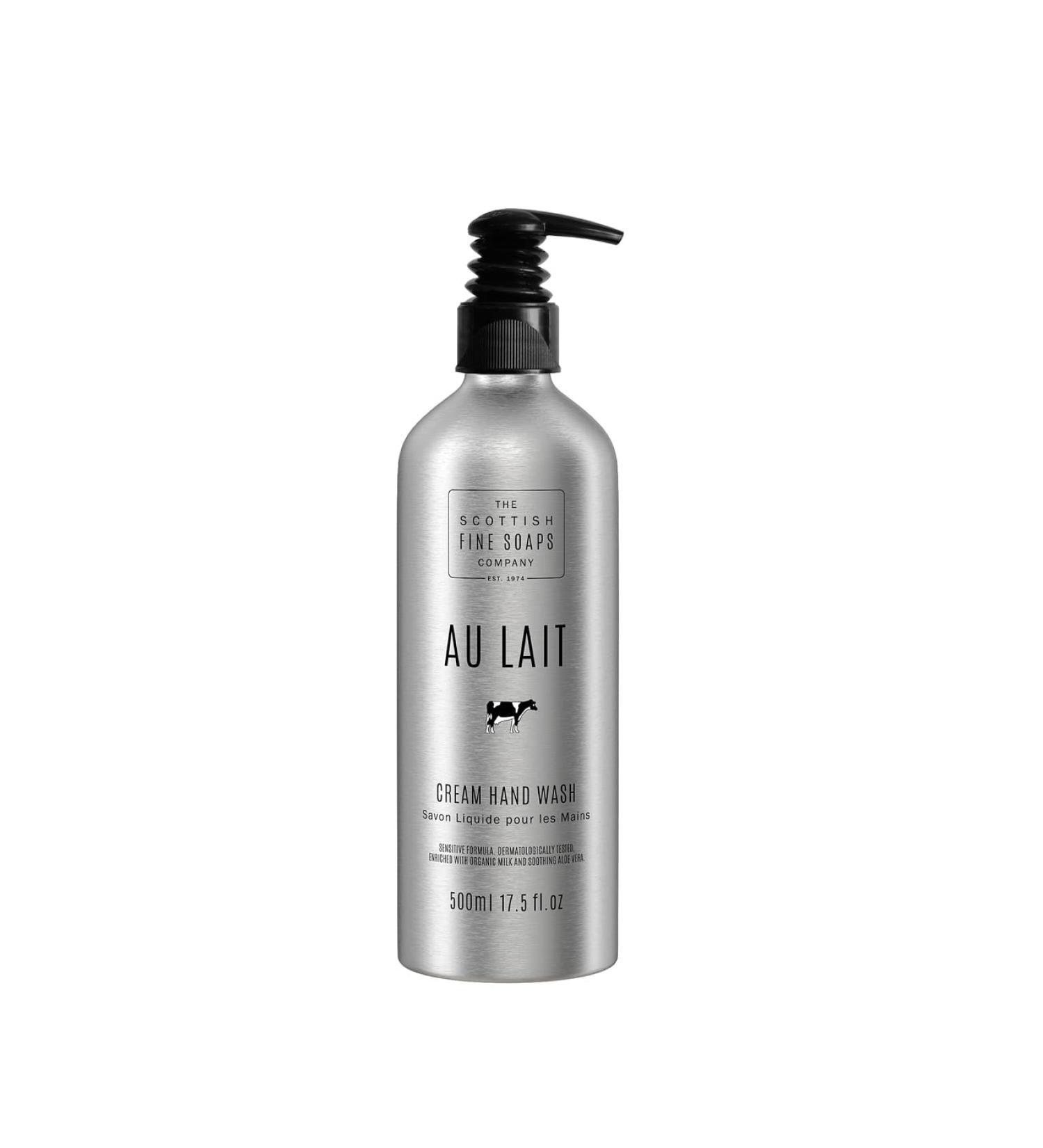 Scottish Fine Soaps - Au Lait Cream Hand Wash - Aluminium Bottle - Enriched With Shea Butter Sweet Almond Oil and Aloe Vera - Reusable Bottle - 100% Recyclable - Sensitive Formula - 500ml