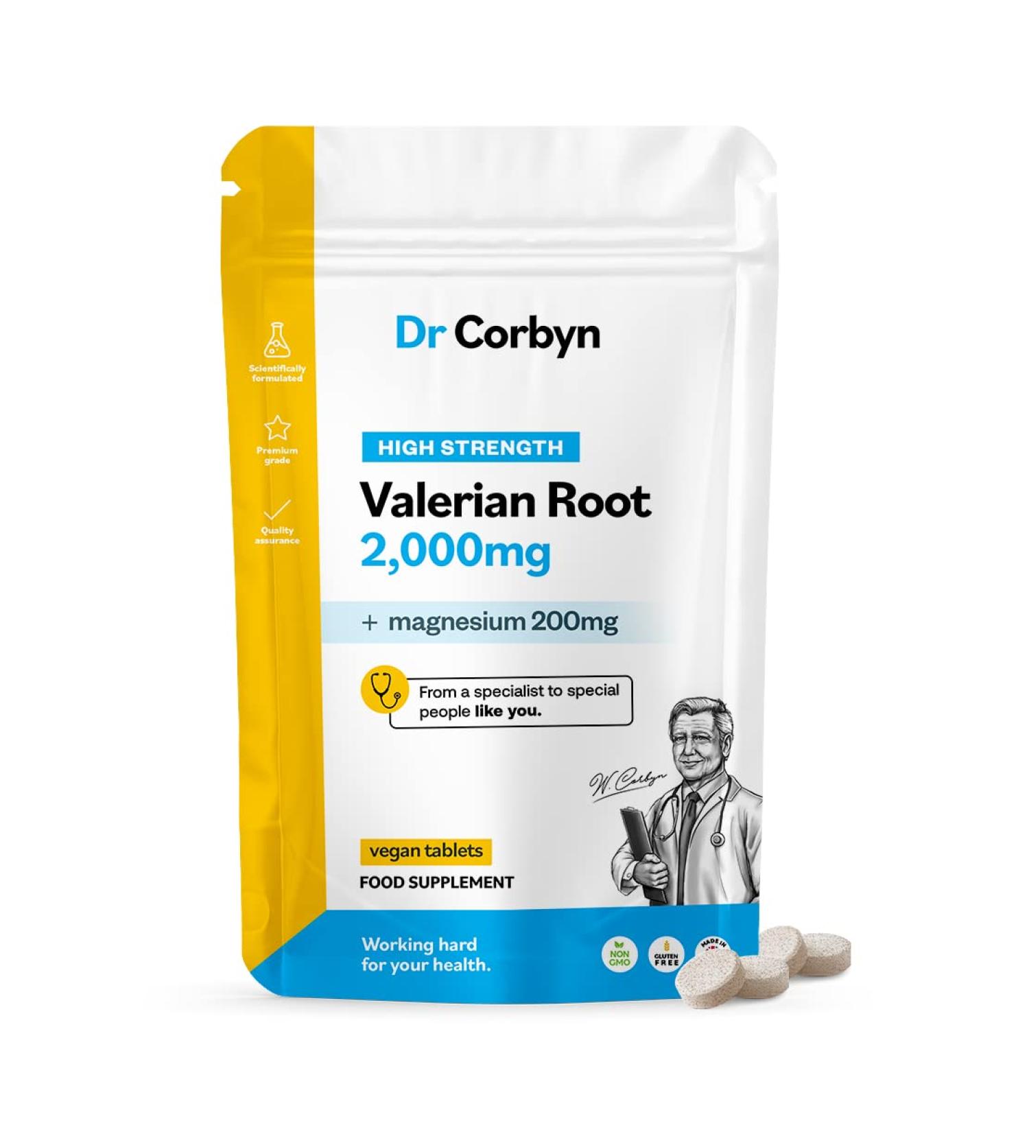 Dr Corbyn Valerian Root 2000mg - 120 Tablets | High Strength Valerian Supplement with Magnesium 200mg | Promotes Inner Calm & Supports Sleep | Vegan & UK Made | 121 count - Buy Online on SooperMarket.com