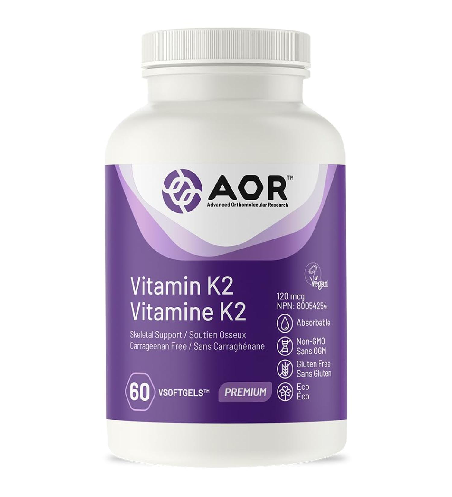 AOR - Vitamin K2 Supplement 120mcg 60 Vsoftgels - Skeletal Support Bone Health Liver Health and Cardio Heart Health - Vitamin K2 MK4 MK7 - Buy Online on SooperMarket.com