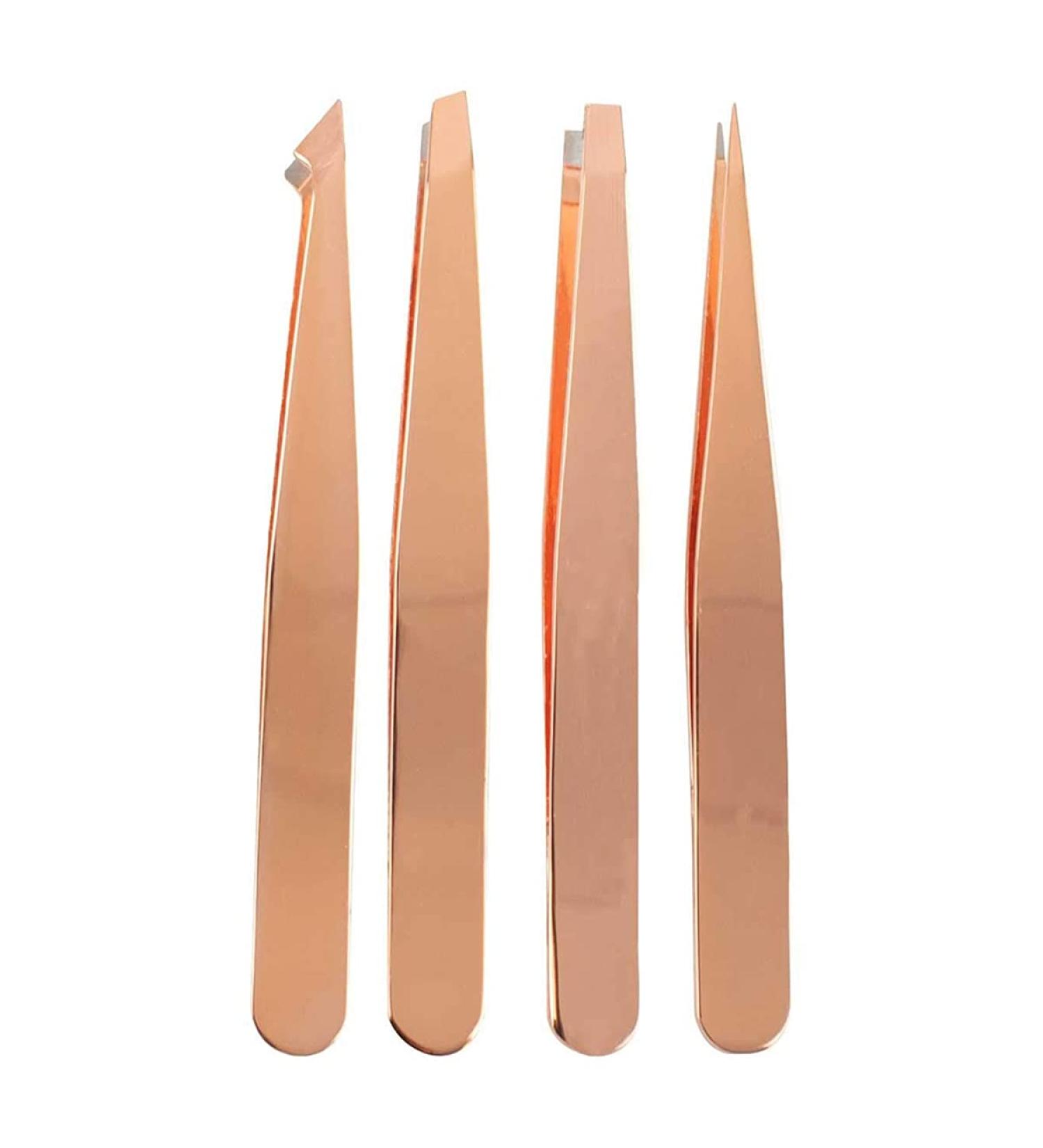 Wresetly 4-Piece Eyebrow Tweezers Set - Pointed & Angled Tweezers with Leather Case - Gold | Perfect for Precision Grooming | International Shipping Available - Buy Online on SooperMarket.com