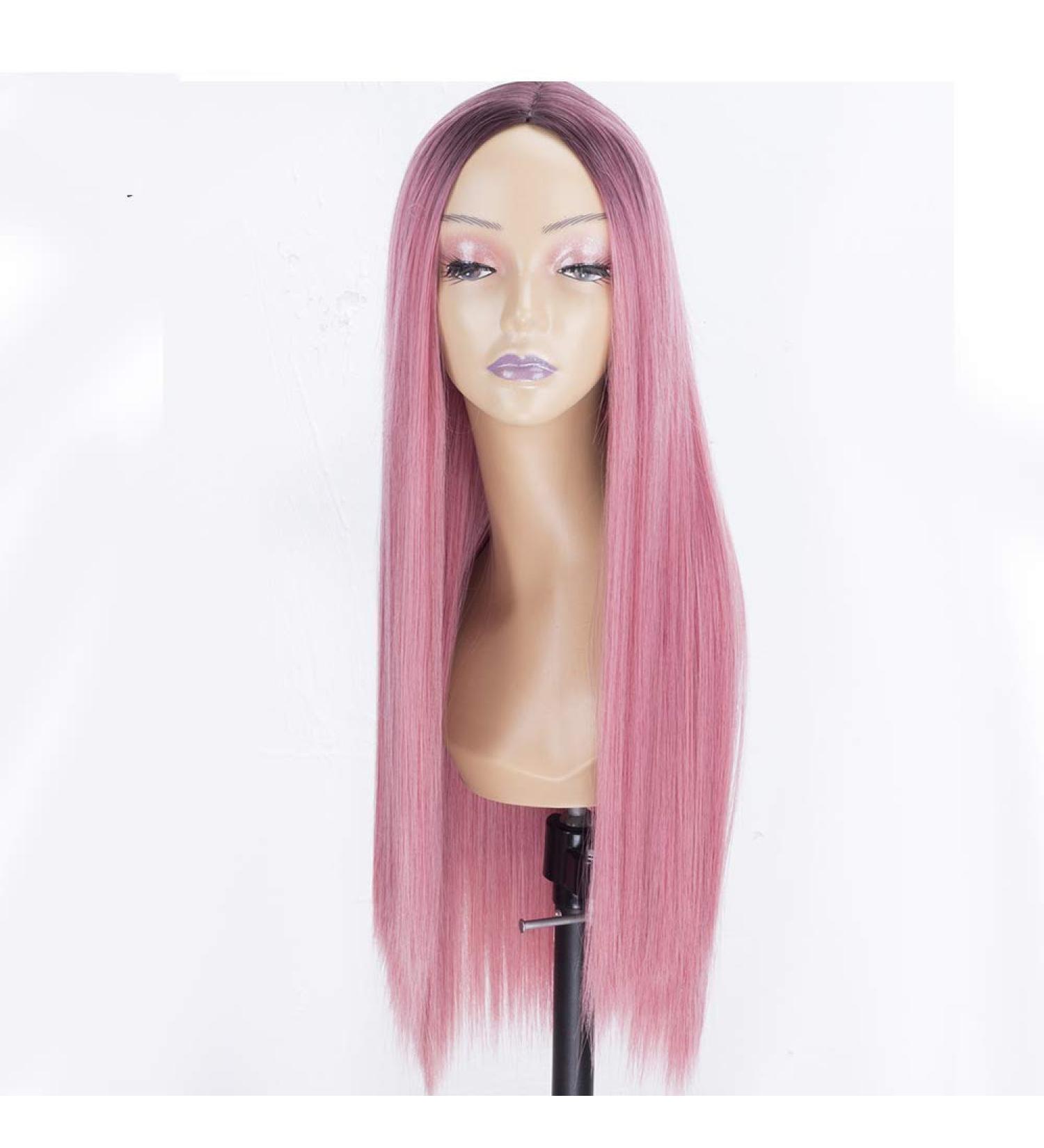Buy SHIYID Pink Long Silky Straight Synthetic Hair Wig with Dark Roots - Glueless & Heat Resistant for Women | Shop Now! - Buy Online on SooperMarket.com