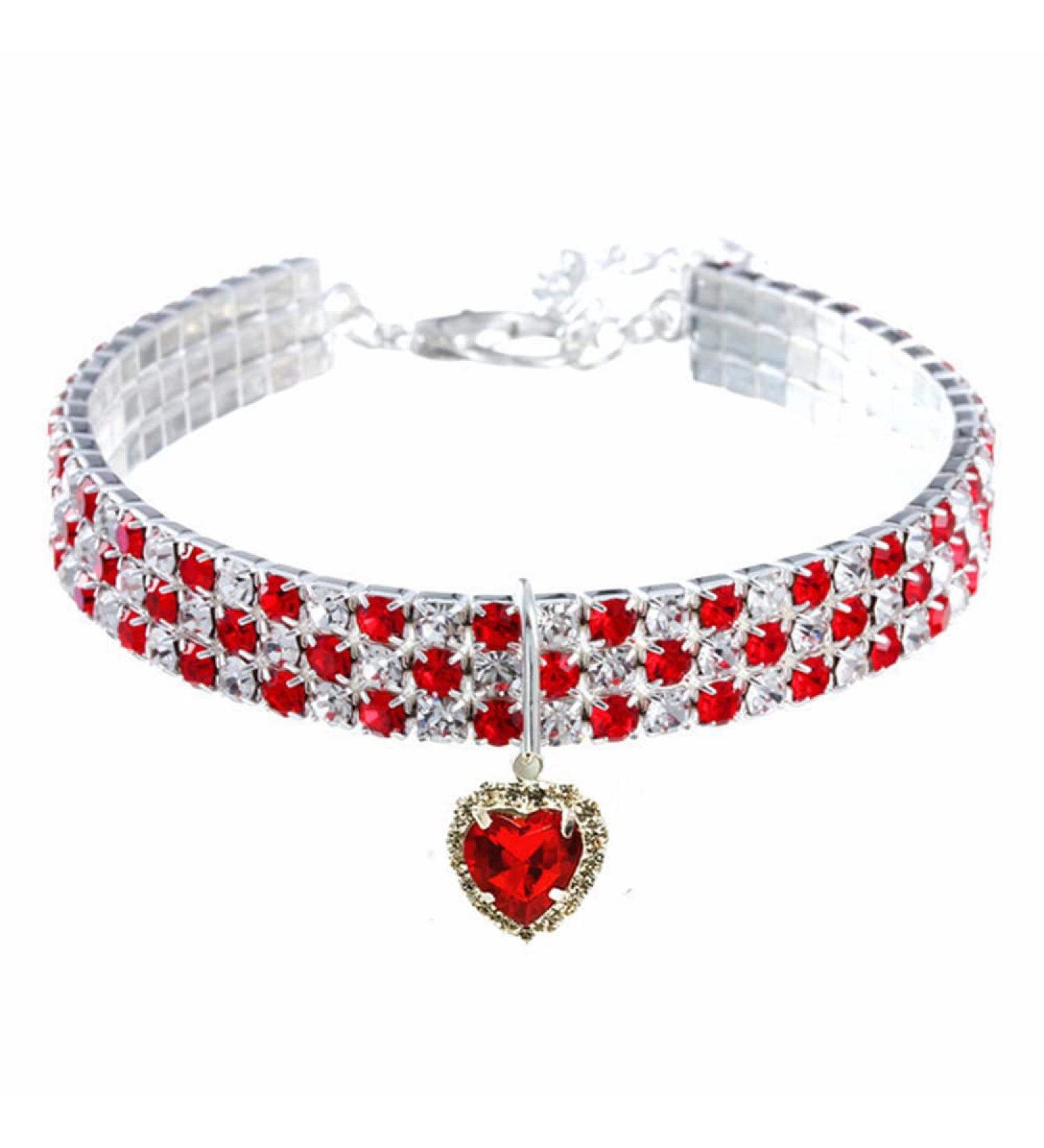 Rayminsino Rhinestone Pet Necklace - Adjustable Elastic Gemstone Collar for Kittens & Dogs | Peach Heart & Heart Band - M (Pink Red White) - Buy Online on SooperMarket.com