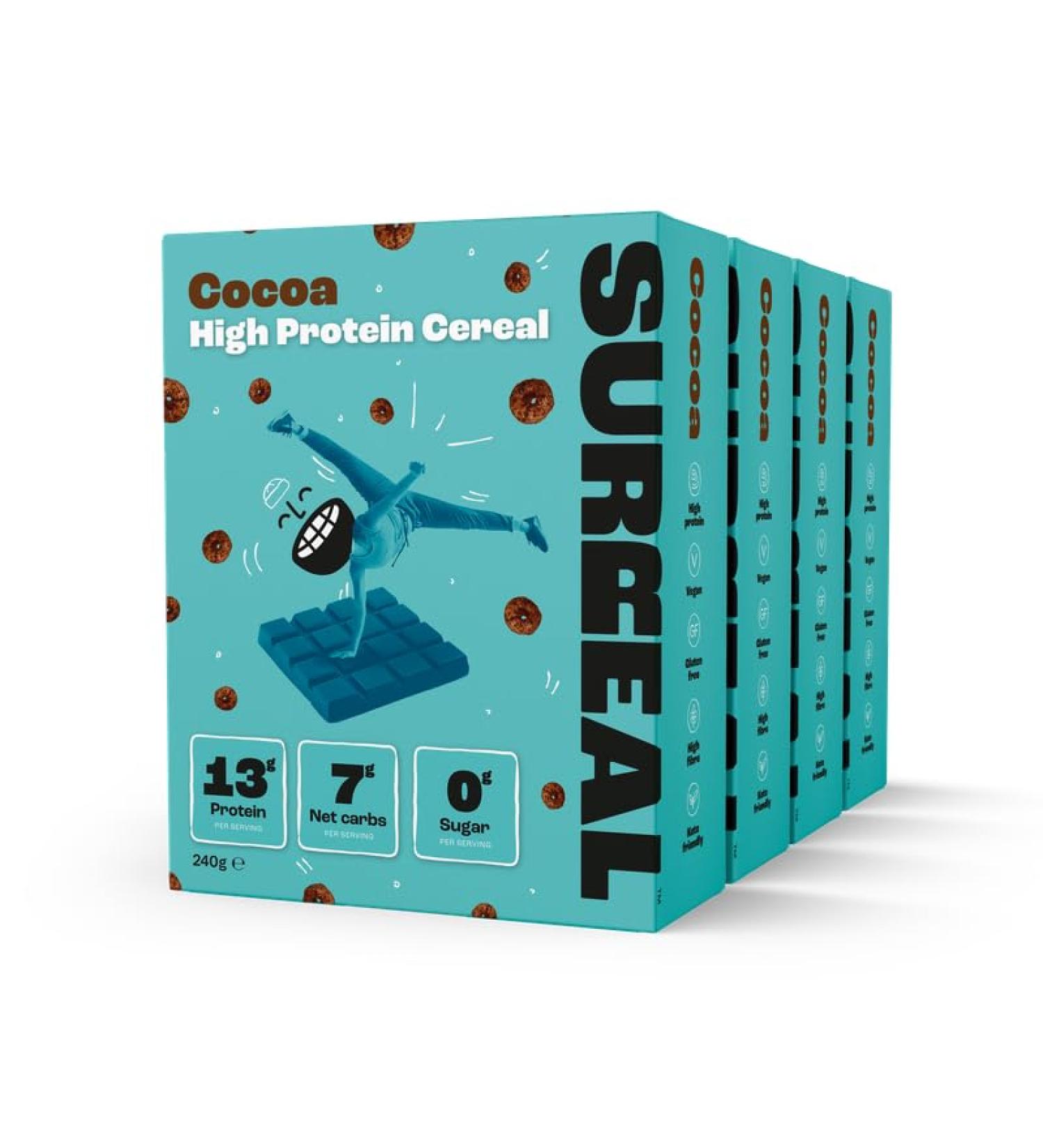 Surreal Cocoa - High Protein Cereal - Low Sugar- Healthy Plant Based Cereal - High in Fibre - Low Carb - Gluten Free - Vegan - 13g of Protein 0g of Sugar - 240g per Box - 4 Pack (4 x Cocoa) 240 g (Pack of 4) - Buy Online on SooperMarket.com