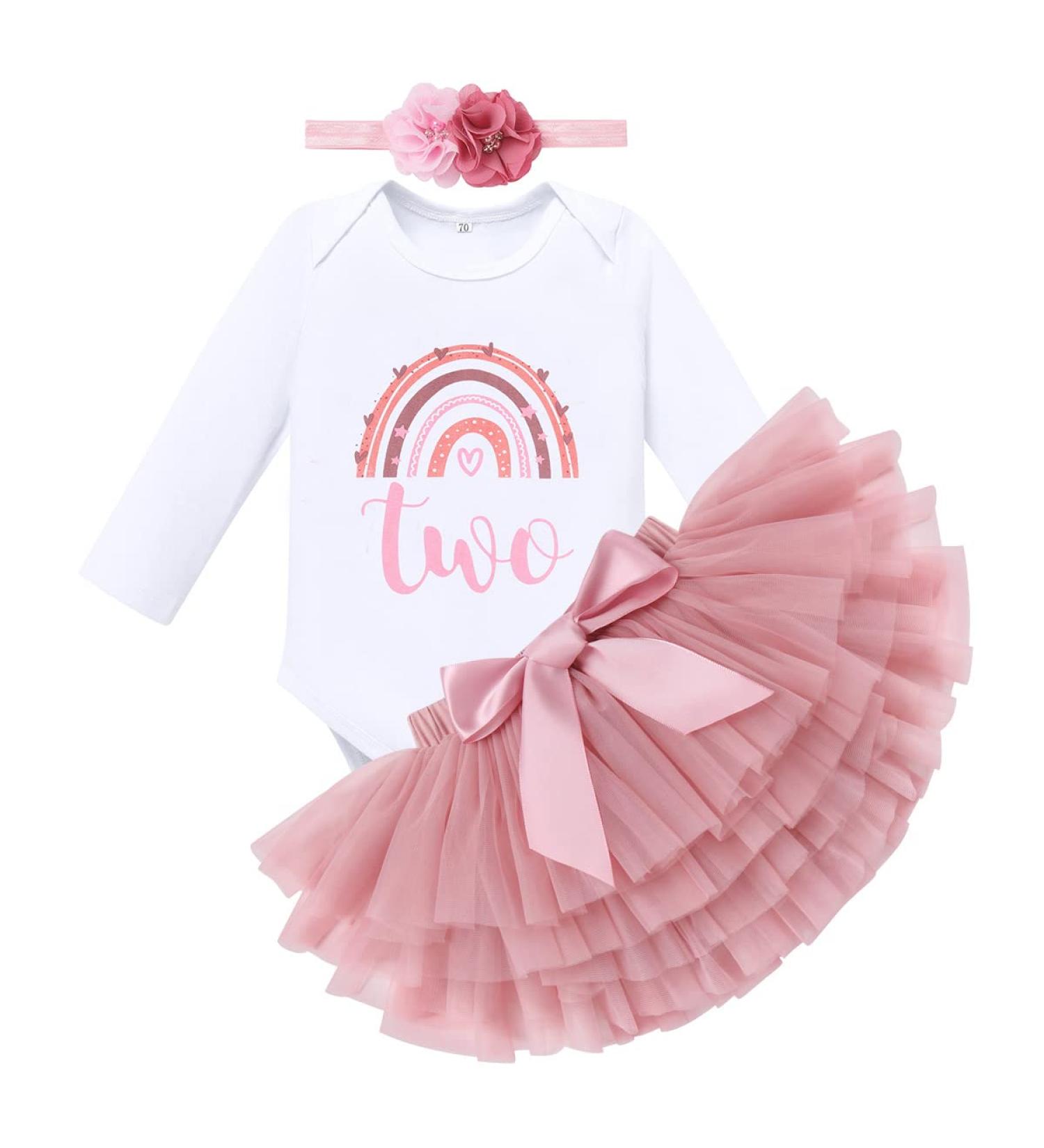 FYMNSI Boho Rainbow 2 Years First Birthday Outfit Baby Girl Cake Smash Photo Romper Tutu Set - Dusty Pink - Buy Online on SooperMarket.com