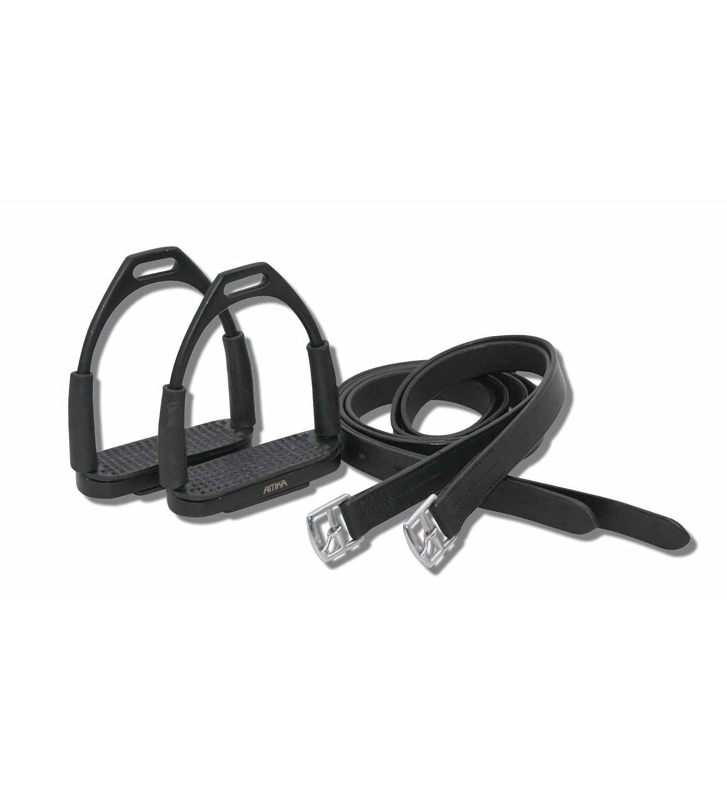 AMKA Joint Black Safety Stirrups Set - Durable with Leather Stirrup Straps for Equestrian Excellence | International Shipping Available - Buy Online on SooperMarket.com