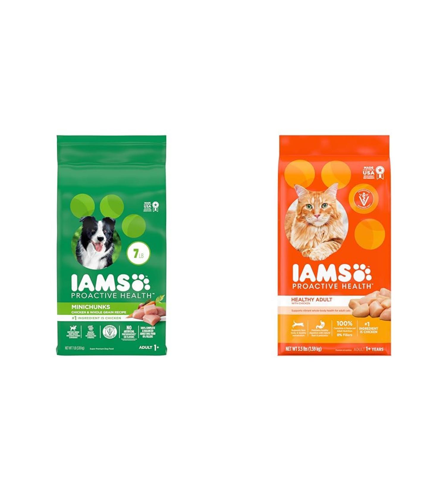 IAMS Proactive Health Minichunks Dog Food Dry Adult Chicken & Whole Grains Recipe 3.18kg (7LB) Bag & Proactive Health Healthy Adult Dry Cat Food with Chicken 1.59kg Bag 3.18 kg (Pack of 1) Mini Chunks + Cat Food 1.59kg Bag - Buy Online on SooperMarket.com