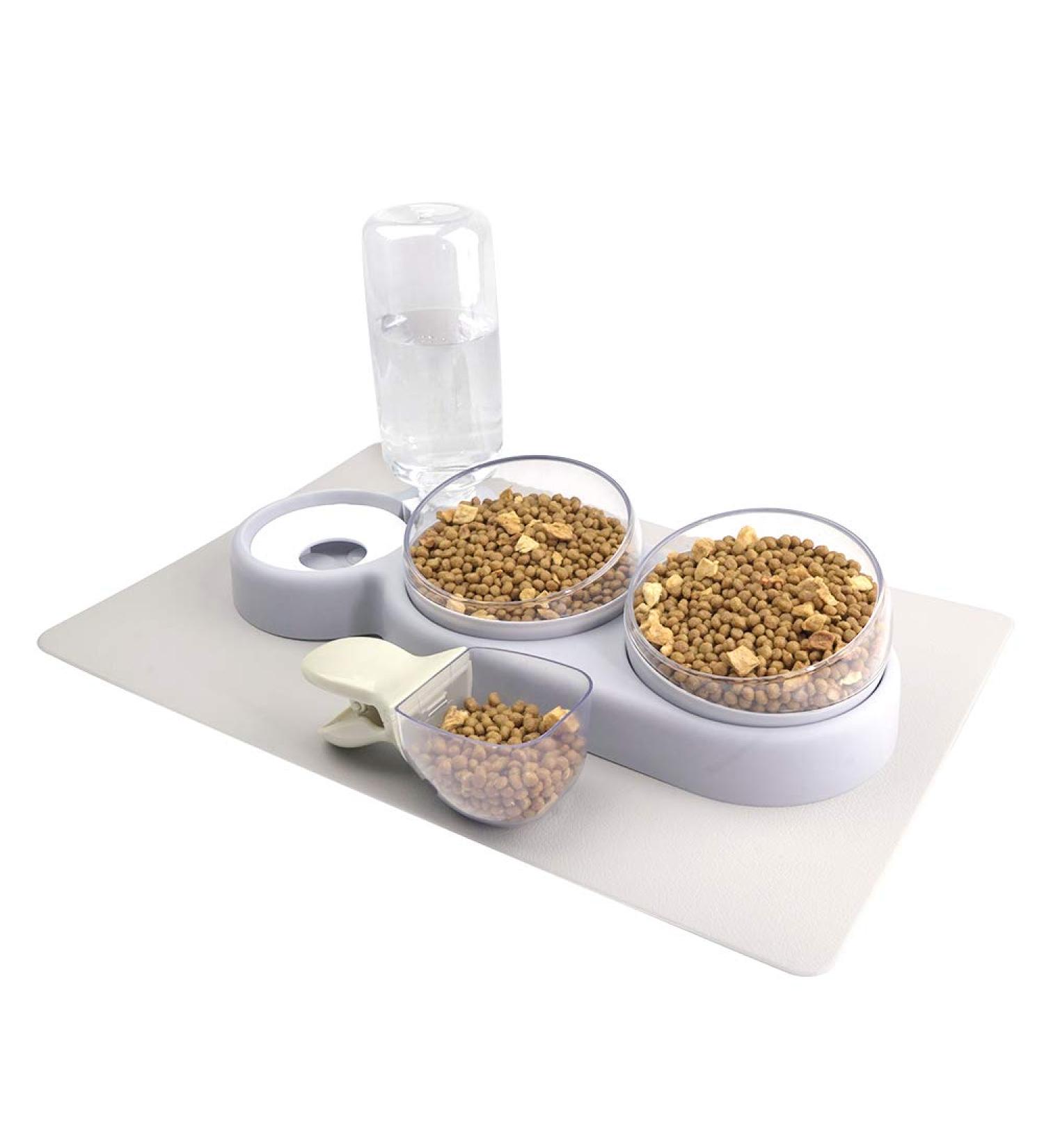 NATRUTH Cat Bowls Gravity Water & Double Food Triple Bowls Set with Mat & Spoon - Ideal for Wet/Dry Feeding - Grey - Buy Online on SooperMarket.com