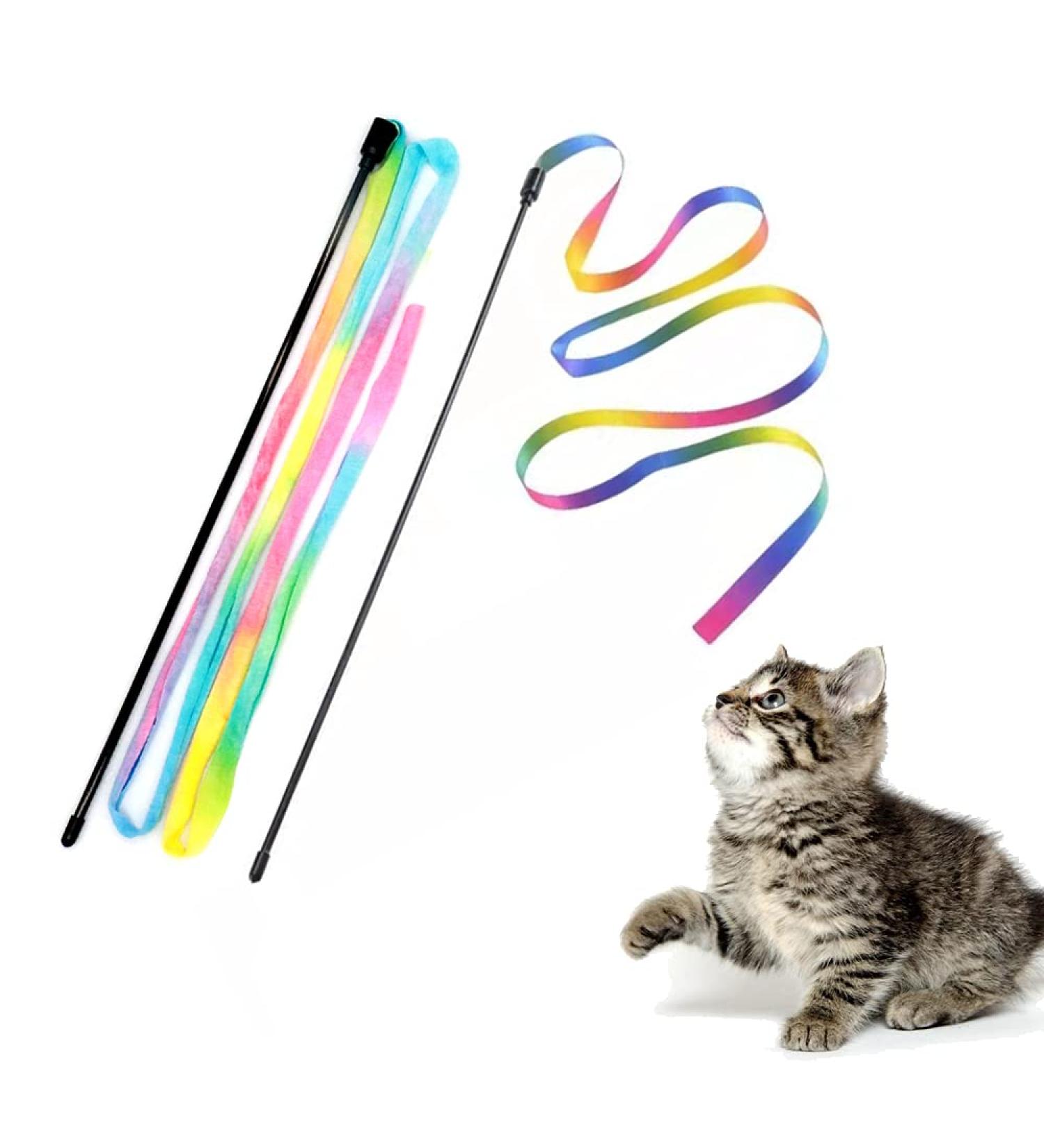 Interactive Cat Rainbow Wand Toys - Colorful Ribbon Charmer for Kittens | Set of 2 - Buy Online on SooperMarket.com
