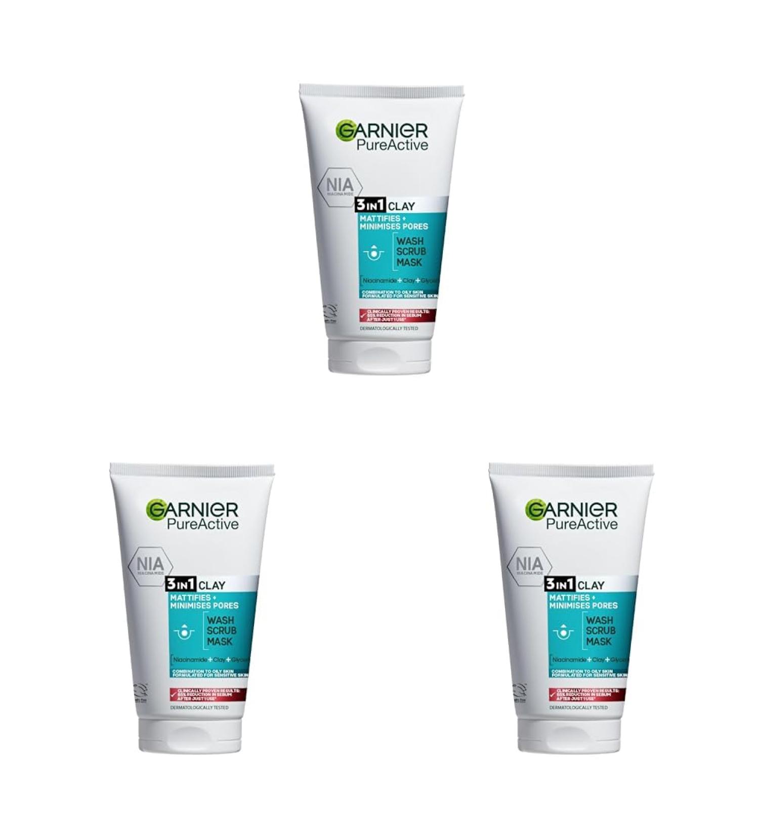 Garnier Pure Active 3in1 Clay Mask-Wash-Scrub 150ml With Clay Eucalyptus & Salicylic Acid Face Cleanser For Oily Skin Packaging May Vary (Pack of 3) 1.2 l (Pack of 3) 3in1 Clay Mask Scrub - Buy Online on SooperMarket.com