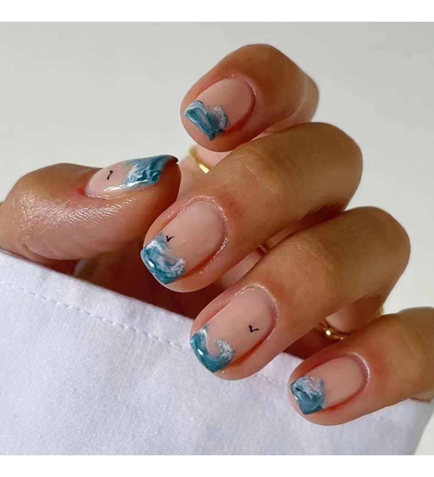 RikView French Tip Press on Nails - Short Square Blue Fake Nails with Waves Design for Women - Buy Online on SooperMarket.com
