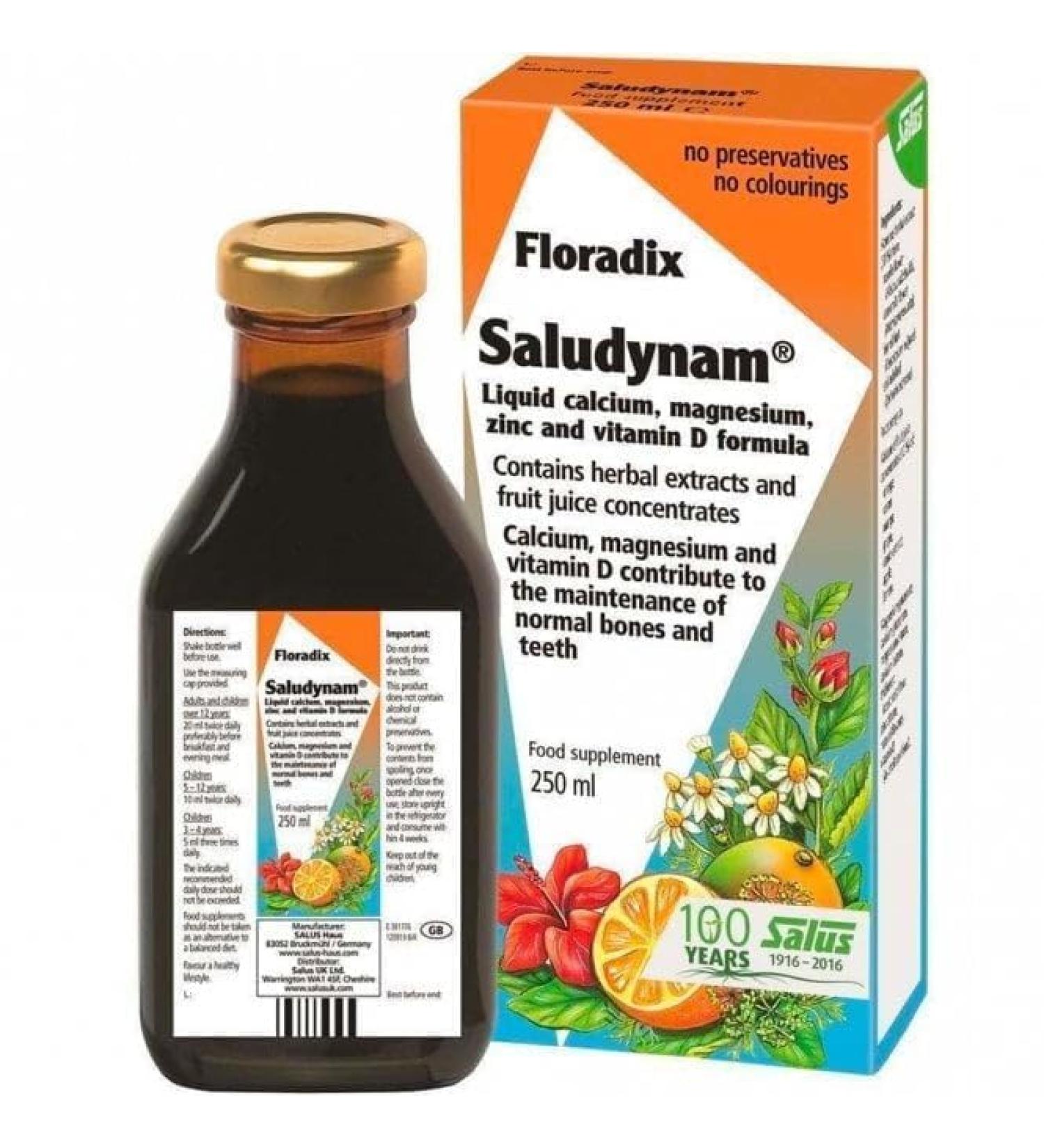 Saludynam Liquid Calcium Magnesium Zinc & Vitamin D Supplement 250ml | Salus Floradix - Buy Online on SooperMarket.com