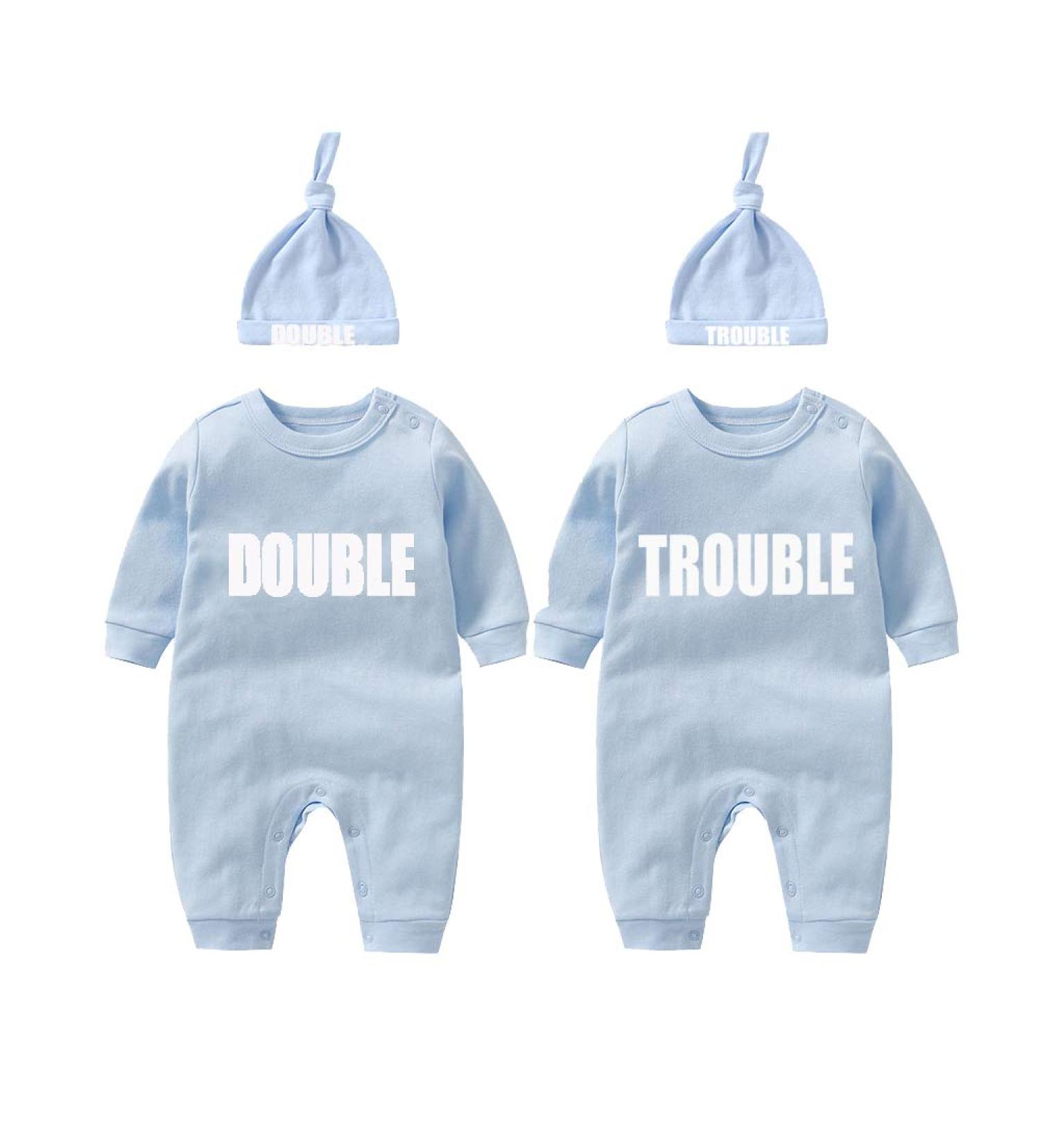 Culbutomind Baby Twins Bodysuits Double Trouble Romper Set with Hat - Blue (3-6 Months) - Buy Online on SooperMarket.com