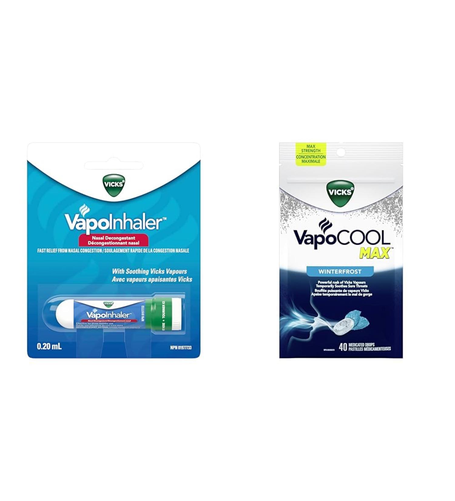 Vicks Vapoinhaler Nasal Decongestant with Soothing Vapors & VapoCOOL Max Medicated Drops for Temporary Cough and Sore Throat Relief Lozenges Winterfrost Flavour 40 Count - Buy Online on SooperMarket.com