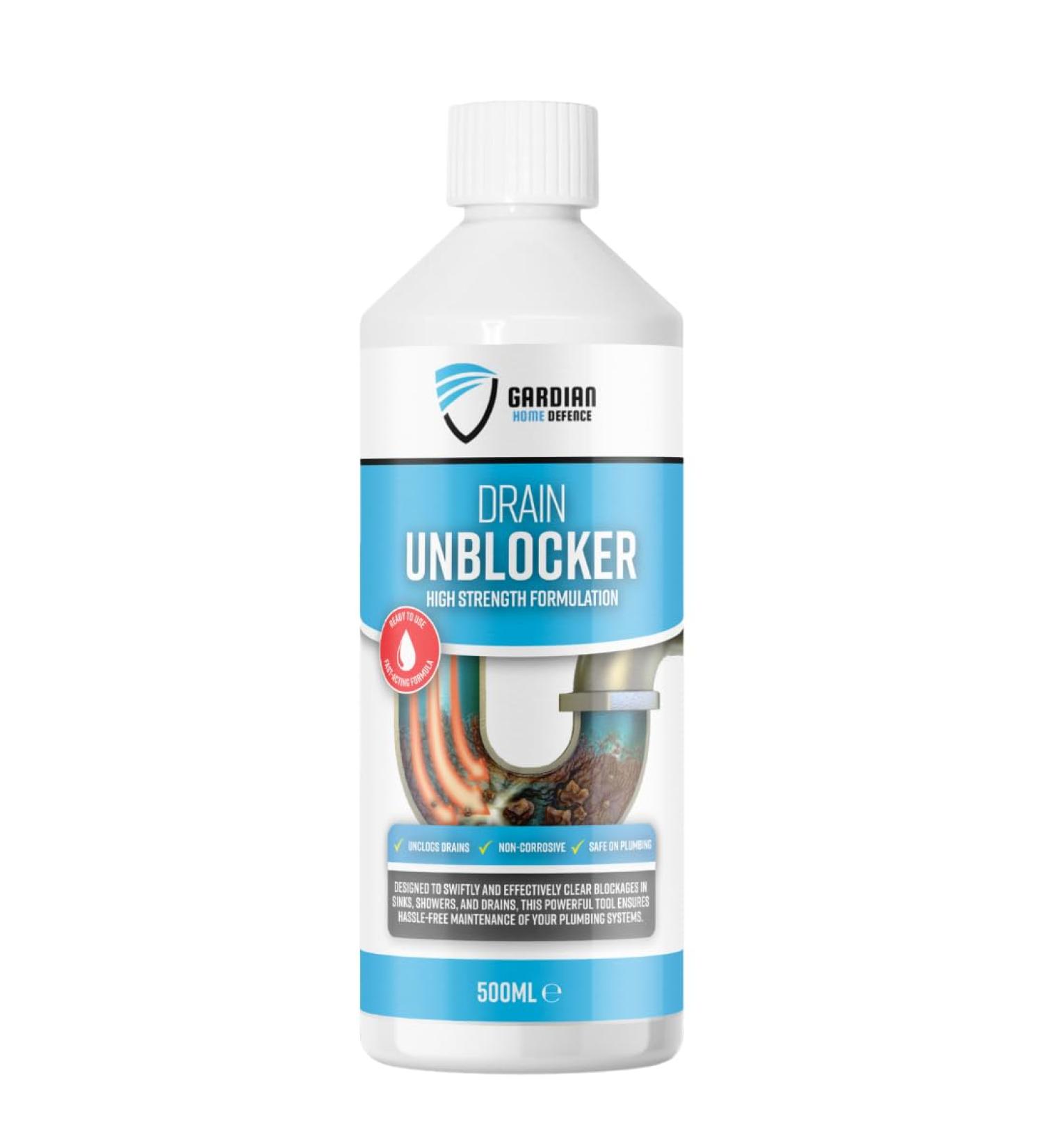 Gardian Drain Unblocker - 500 ml High Strength Drain Cleaner to Effectively Dissolve Clogs on Sinks Showers and Drains - Safe Non-Corrosive Easy-to-Use Drain and Sink Unblocker Liquid - Buy Online on SooperMarket.com