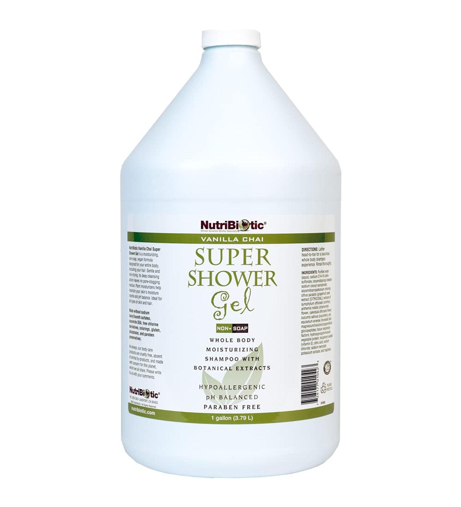 NutriBiotic Vanilla Chai Super Shower Gel 1 Gallon (128 Fl Oz) | Whole Body Shampoo with GSE & Botanical Extracts | pH Balanced Non-Soap & Free of Gluten Parabens Sulfates Dyes & Colorings