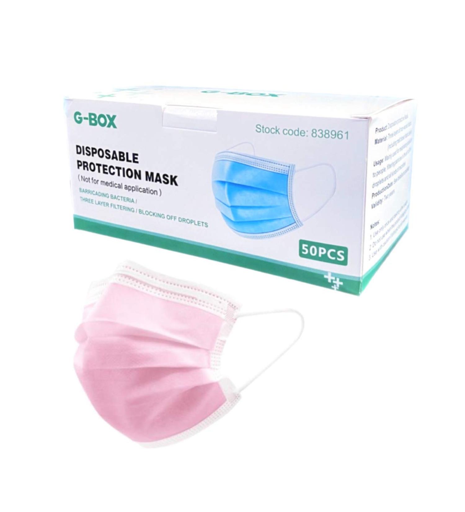 G-Box 3-Ply Adult Disposable Face Masks with Elastic Earloops & Metal Nose-wire (50 Pink) - Buy Online on SooperMarket.com